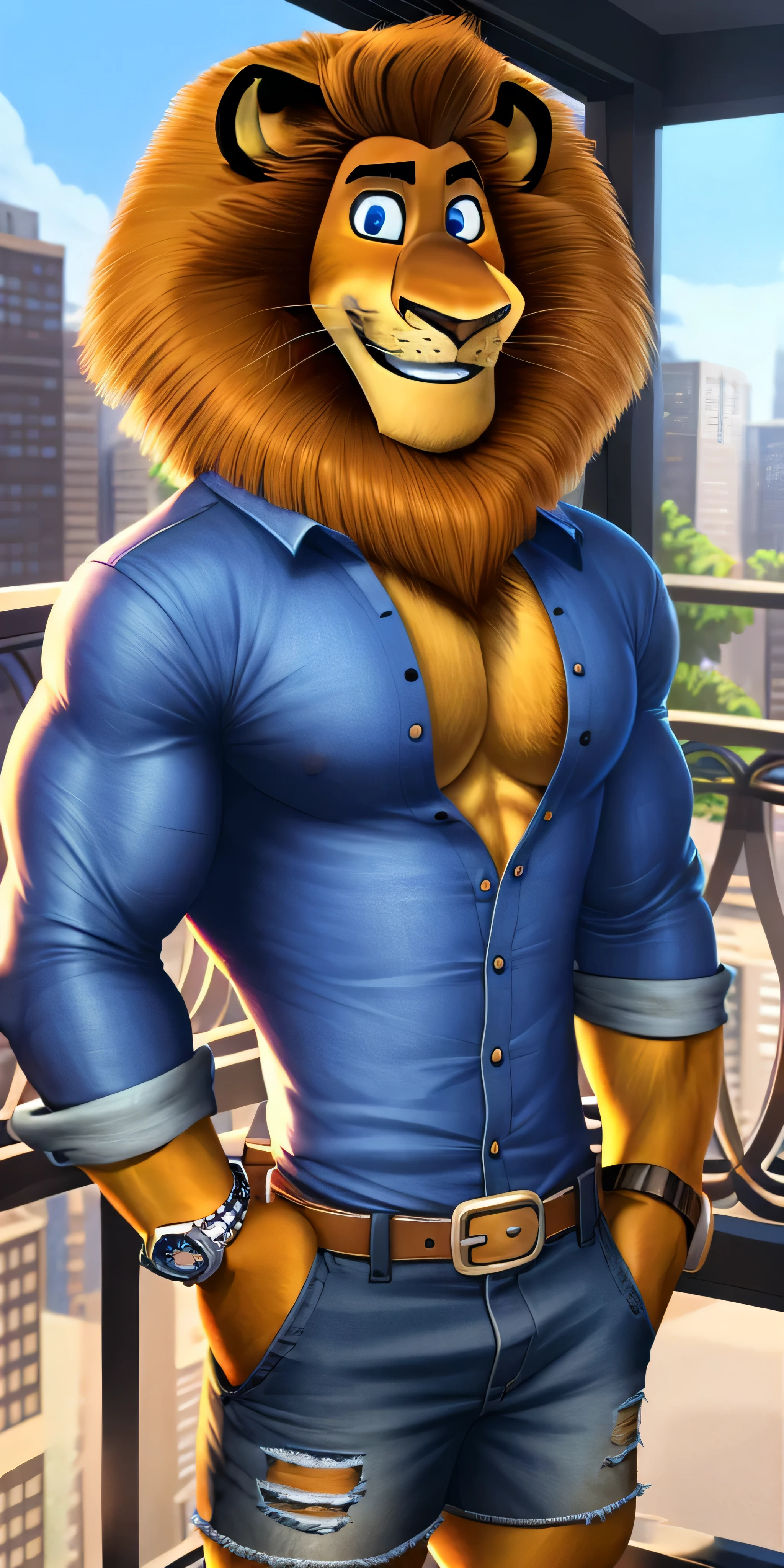 Alex the Lion, solo, muscular body, big biceps, extremely beautiful and cute face, perfectly detailed blue eyes with perfectly detailed pupils, blue shirt with long sleeves, denim cargo shorts with brown belt, fancy watch on his right wrist, hands in pockets, balcony background, selfie, gentle look, cute smiling, hot, sexy