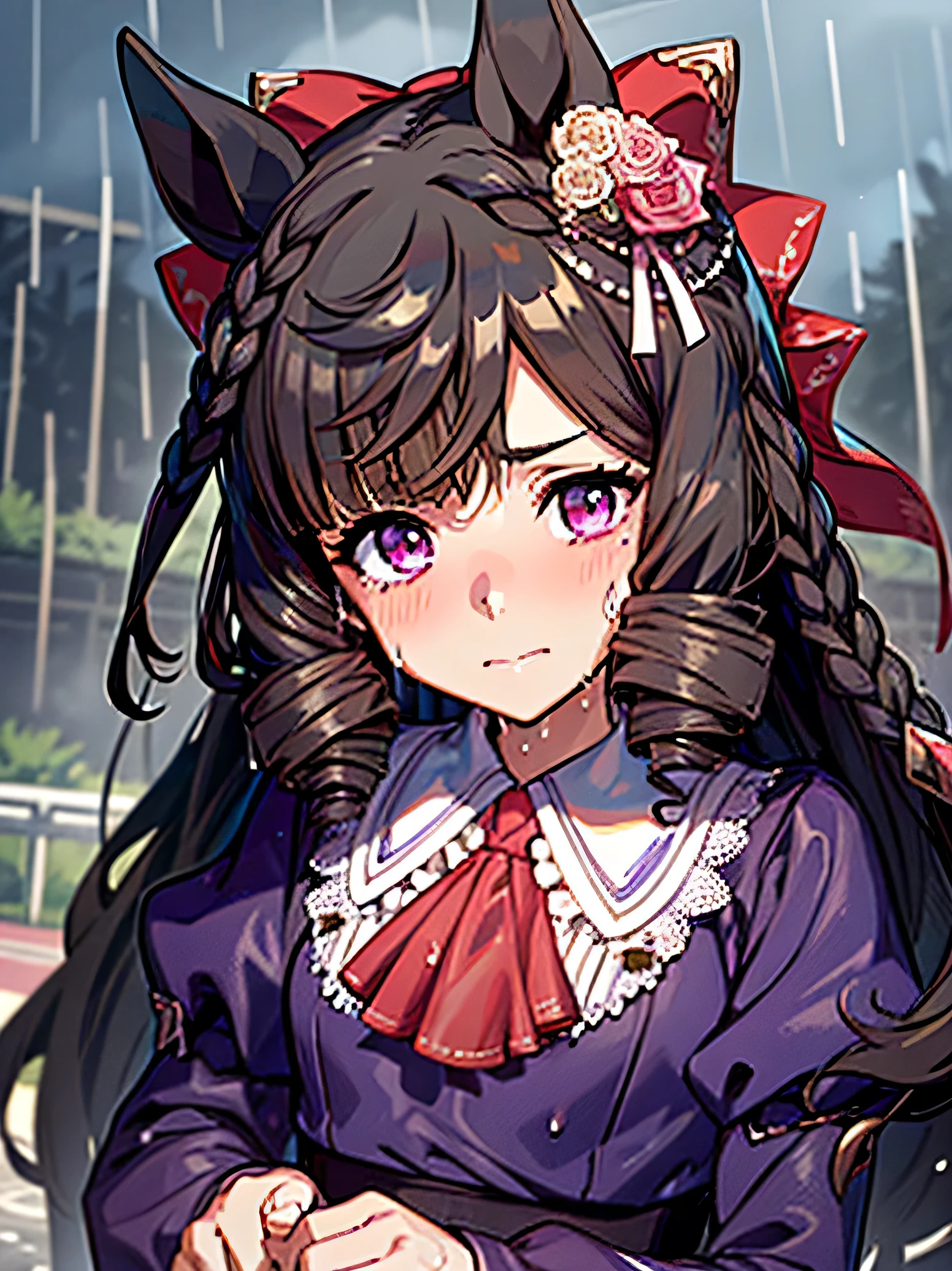 1 girl, Solo, Cute Girl,Best Quality, Ultra-detailed, 8K, High resolution, detailed face, madeon, horse ears, purple dress, puffy sleeves, long sleeves, ascot, (sweat, wet hair, wet clothes), in the heavy rain, racetrack,