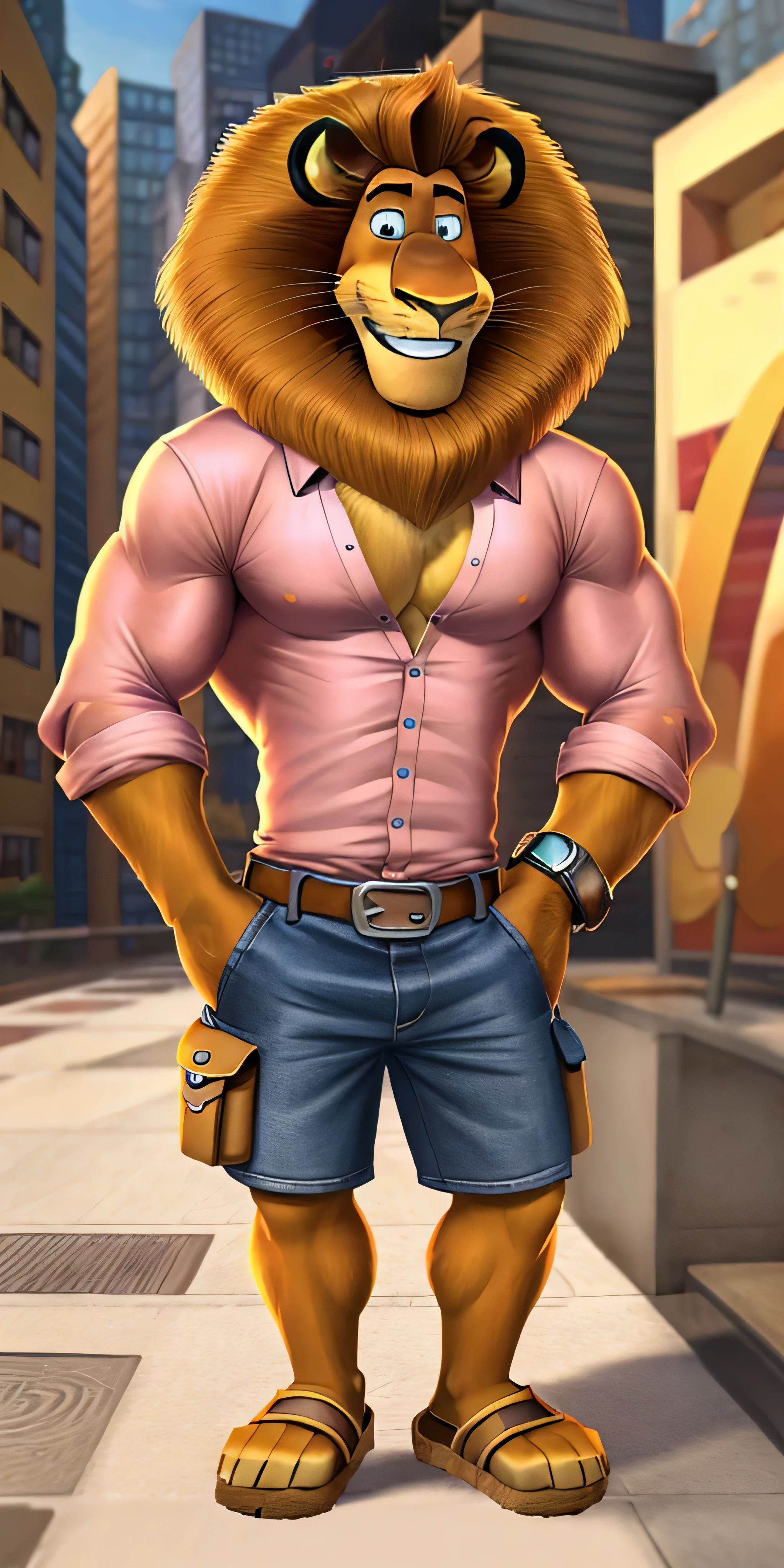 Alex the Lion, solo, muscular body, big biceps, extremely beautiful and cute face, perfectly detailed blue eyes with perfectly detailed pupils, pink shirt with long sleeves, denim cargo shorts with brown belt, Birkenstock sandals, fancy watch on his right wrist, hands in pockets, city streets background, selfie, gentle look, cute smiling, hot, sexy