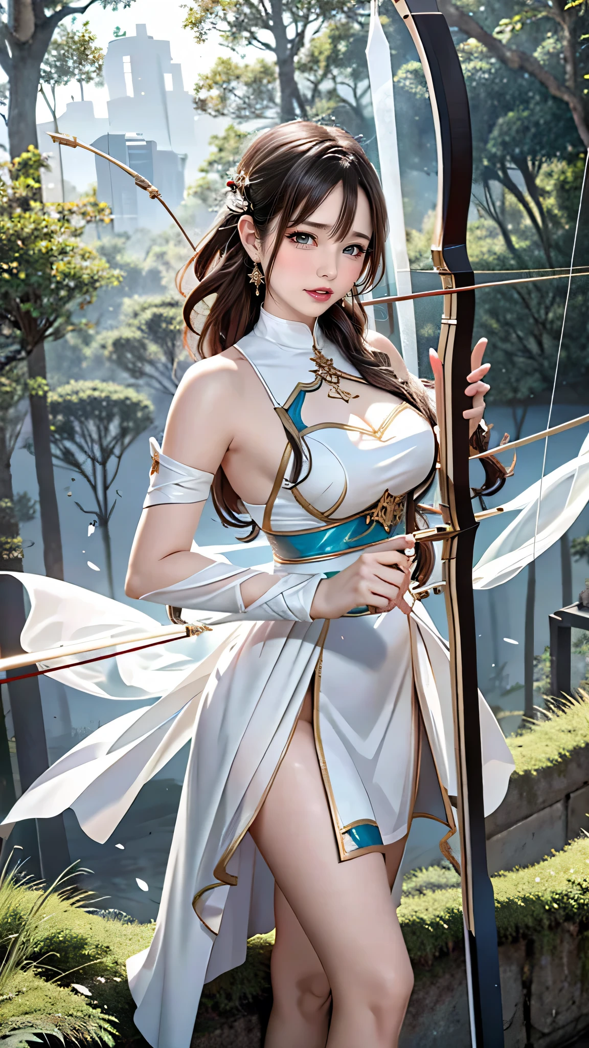 best quality, super fine, 16k, 2.5D, delicate and dynamic depiction, beautiful game character archer shoots with sacred bow and arrow, transparent and translucent and iridescent barrier creating crack, game production effects, the mysterious background of forest and city coexistence, fantasy world, prime lenses, lens filters, clear subject