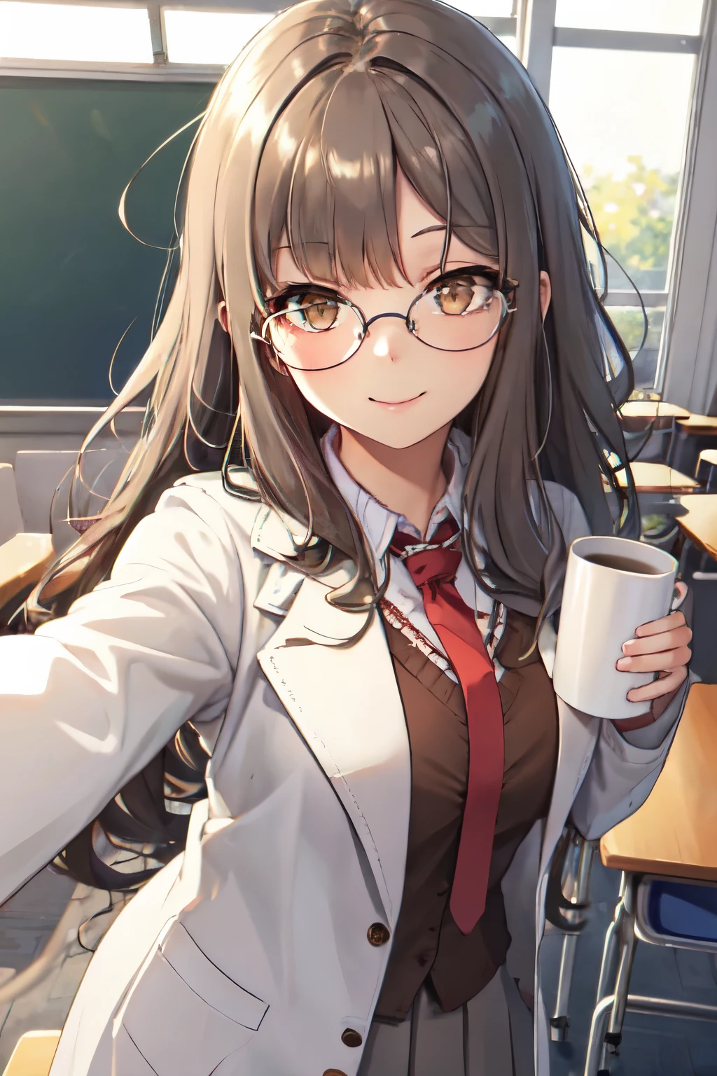 riofutaba, highres, highest quallity, illustration,  ultra detailed, (detailed face), (detailed eyes), soft lighting, best quality, hyper detailed, masterpiece, 1girl, solo, outfit1, ashe brown hair, long hair, brown eyes, glasses, brown blazer, white shirt, red necktie, labcoat, pleated skirt, luminous eyes, large breasts, (colorful), upper body, smile, indoors, looking at viewer, holding mug, classroom, chalkboard
 