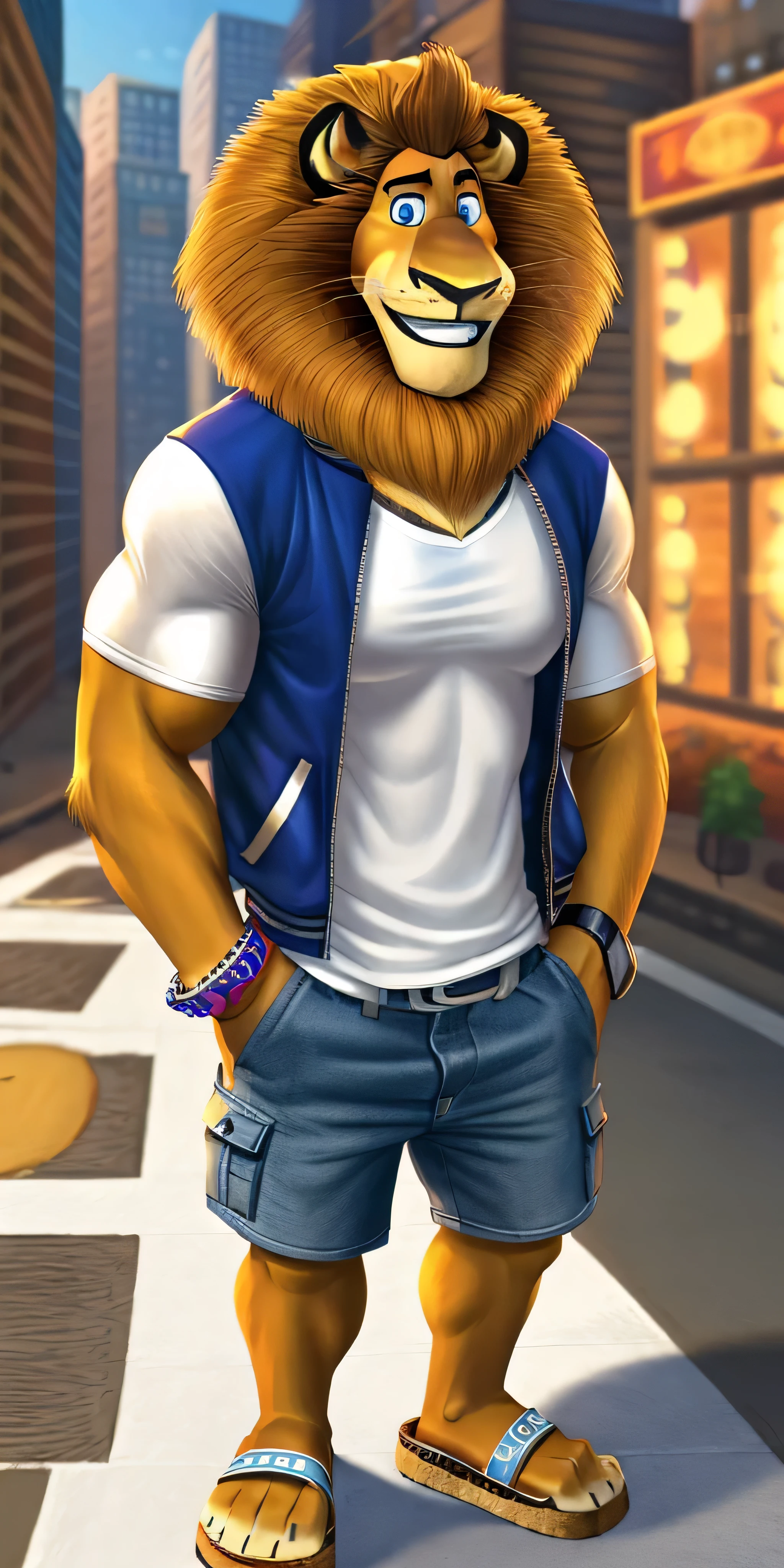 Alex the Lion, solo, muscular body, big biceps, extremely beautiful and cute face, perfectly detailed blue eyes with perfectly detailed pupils, wears white t shirt, cyan varsity jacket, denim cargo shorts with brown belt, Birkenstock sandals, fancy watch on his right wrist, hands in pockets, city streets background, selfie, gentle look, cute smiling, hot, sexy