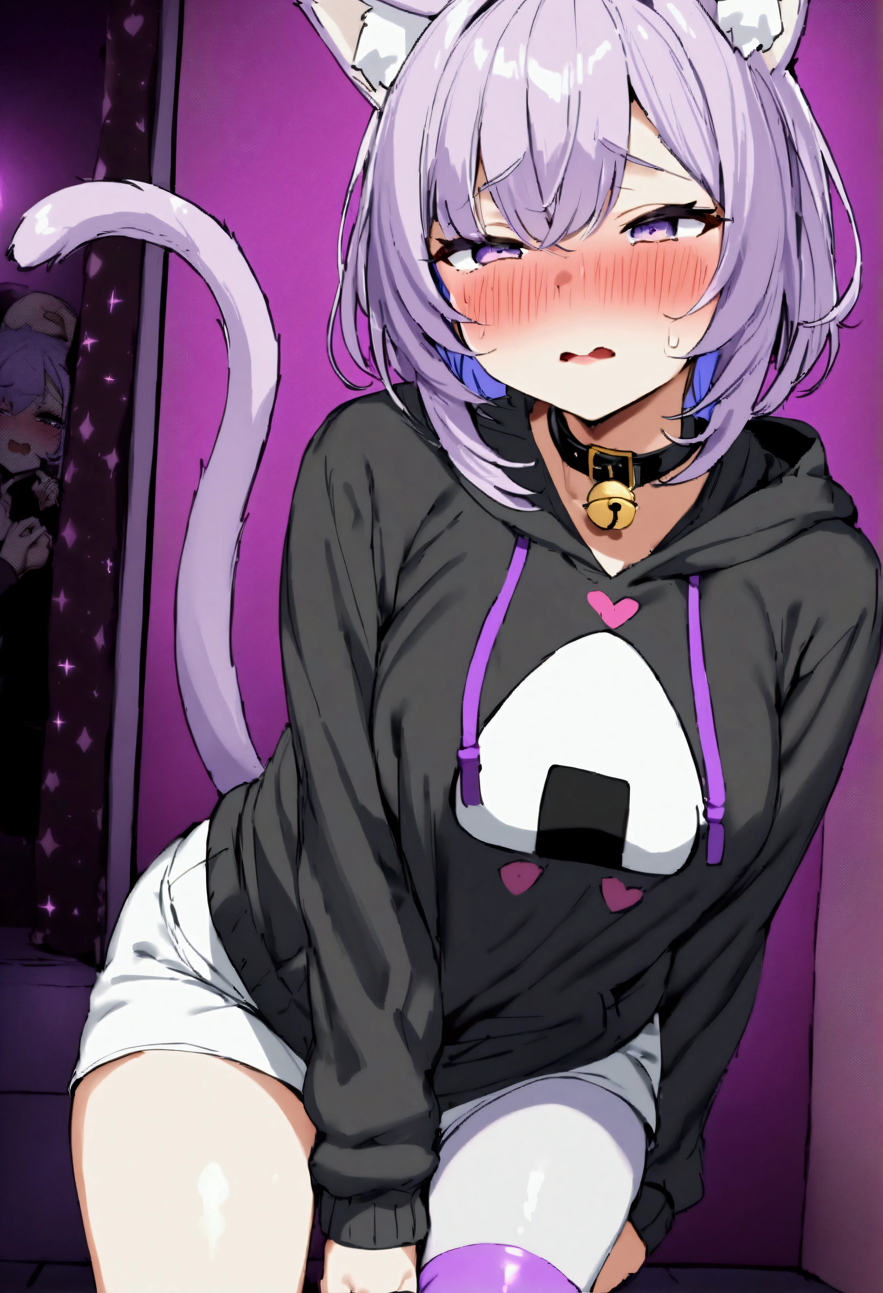 NSFW,masterpiece,Highest quality,High resolution,Very detailed,Cat porridge\(Hololive\),Purple Hair,Short Hair,Cat ear,tail,Purple Eyes,Bell Collar,Black hoodie、Onigiri Print、asymmetrical legwear、White pants,Lustful face,Embarrassed,blush,Estrus,Nightlife,Love Hotel