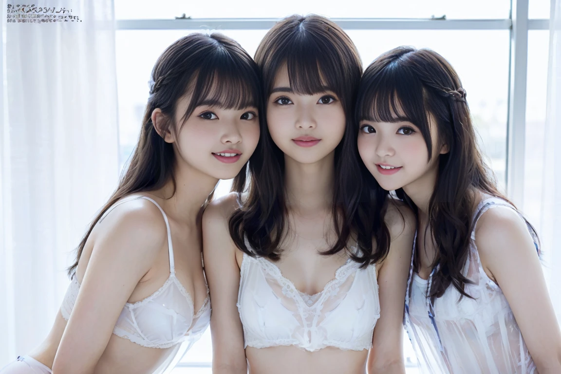 Three Japanese sisters in , no panties, no, nude, naked, Small breasts, cute, Neat, strict, In front of a white wall, cute woman, cute face, look up, Half-open, cute Japanese girl, Portraiture, Genuine, erection, thin, Fair skin, Double teeth, Small breasts. smile, hemp rope bondage with a knot on the chest, Whole body concentration, nude body, Kneel, Hemp rope binding, Tortoiseshell binding, Body Type, thin body, thin体, Artistic hemp rope bondage、Crouch down、Spread your legs、Full body close-up、小柄なBody Type、Low length、Flat Chest