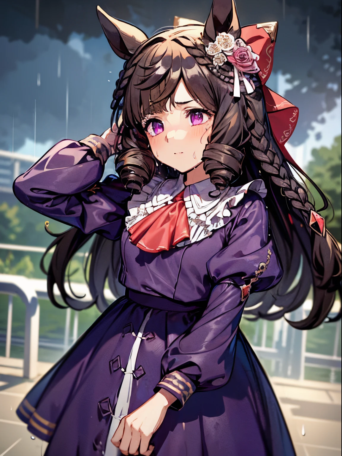 1 girl, Solo, Cute Girl,Best Quality, Ultra-detailed, 8K, High resolution, detailed face, madeon, horse ears, looking up, purple dress, puffy sleeves, long sleeves, ascot, white pantyhose, (sweat, wet hair, wet clothes), in the heavy rain, racetrack, 