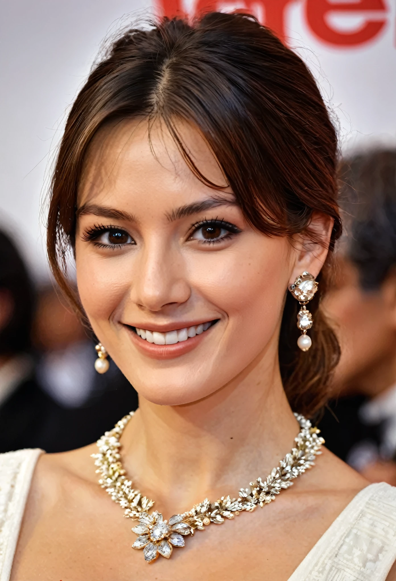 A Italian Actress, Cinema of Japanese Title "Railway worker"　 Her name is Sylva Koscina, extra Close up , Standing pose, Carpet on carpet, Italian girl ,23-age,  (dark brown hair , brown eye, Permanent hair, earring, neckless,  little smile ),(C cup breast , wide hip) , a chic design White  evening long Dress, , long red lace Glove, Red Hi-heal, many Mass media, camera-man, ceremony of Cinema,  (super detail, high details, high quality, accurate, anatomically correct, textured skin, beautiful fingers super detail, high details, high quality, best quality)