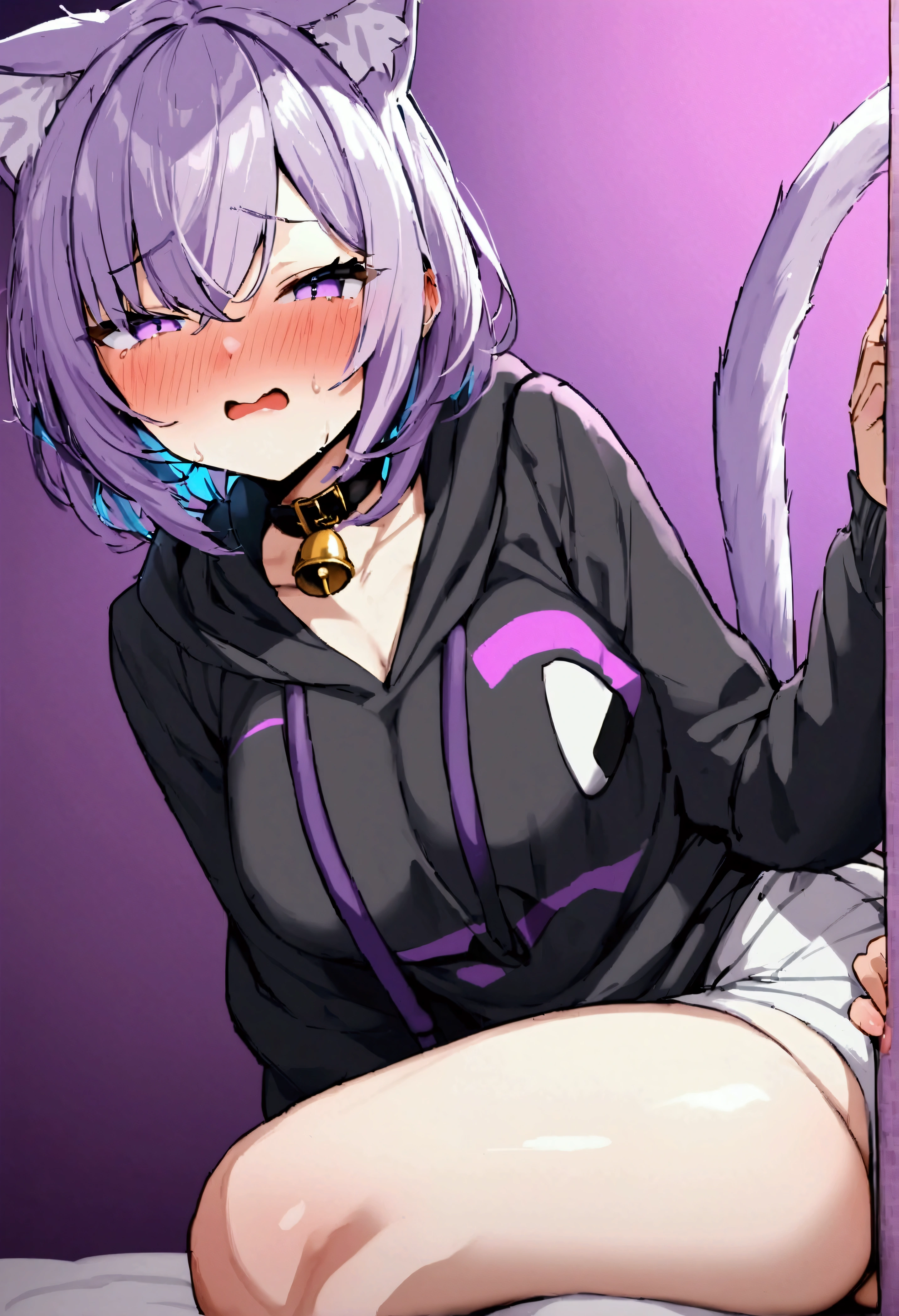 NSFW,masterpiece,Highest quality,High resolution,Very detailed,Cat porridge\(Ho****ve\),Purple Hair,Short Hair,Cat ear,tail,Purple Eyes,Bell Collar,Black hoodie、Onigiri Print、asymmetrical legwear、White pants,Lustful face,Embarrassed,blush,Estrus,Nightlife,Love Hotel,(Have sex),insert