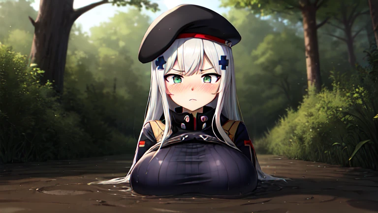 HK416, vibrant colors, masterpiece, best quality, ultra-detailed, highres, 8k,  cinematic lighting, solo, detailed eyes, beret, long sleeves, plaid, german flag, huge breasts, curvy, jitome, narrowed eyes, frown, blush, arms behind back, partially_submerged, in mud, flooding up to the chest, upper body, 