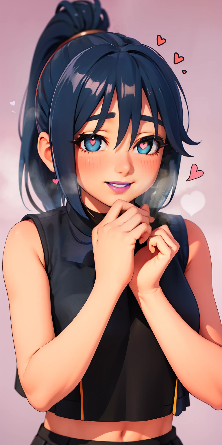 Heart-shaped_pupils, 1girl,blue hair, ponytail, blue eyes, eyeshadow, (blush:1.1),upper body,trembling, heart,(speed lines:1.1), ((heavy breathing:1.3)), love, heart, black crop top, sleeveless, Sleeveless shirt, black skirt, pleated skirt, cheerleader, purple lips, smile, looking at viewer, facing viewer, ((hands on own face1:1))
