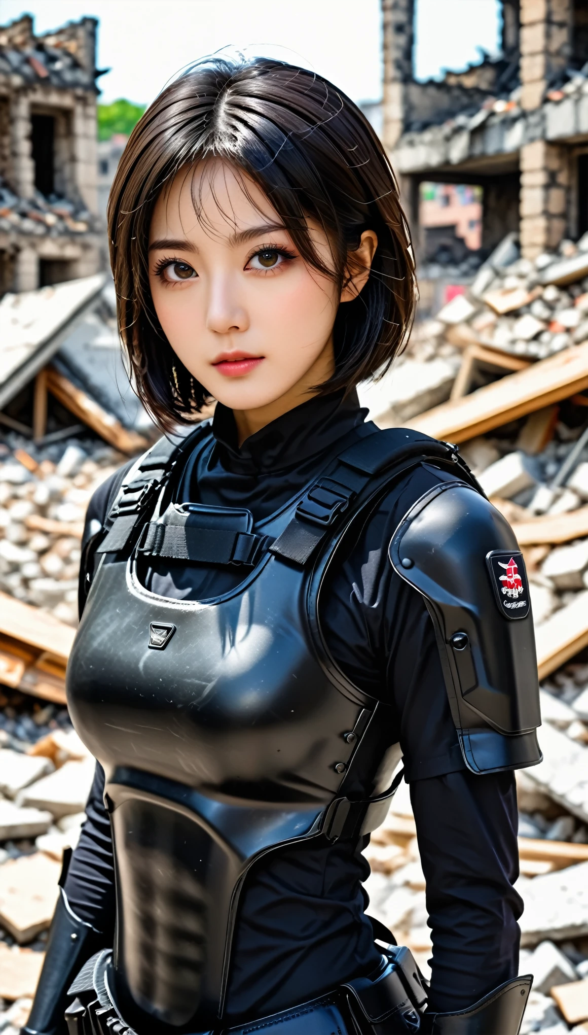 ((masterpiece)),((highest quality)),((High resolution)),((Very detailed)),Female,2,Woman,Japanese,Dark hair,Short bob,Beautiful eyes,Long eyelashes, Beautiful hair, beautiful skin, serious, BREAK (((pointed gun))), handgun, SWAT Uniforms,black bulletproof vest combat boots, black tactical Forster, tactical helmet, (the background is the rubble of the ruins), (( (Background blur)))