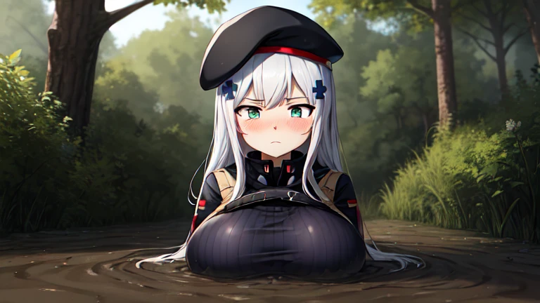 HK416, vibrant colors, masterpiece, best quality, ultra-detailed, highres, 8k,  cinematic lighting, solo, detailed eyes, beret, long sleeves, plaid, german flag, huge breasts, curvy, jitome, narrowed eyes, frown, blush, arms behind back, partially_submerged, in mud, flooding up to the chest, upper body, 