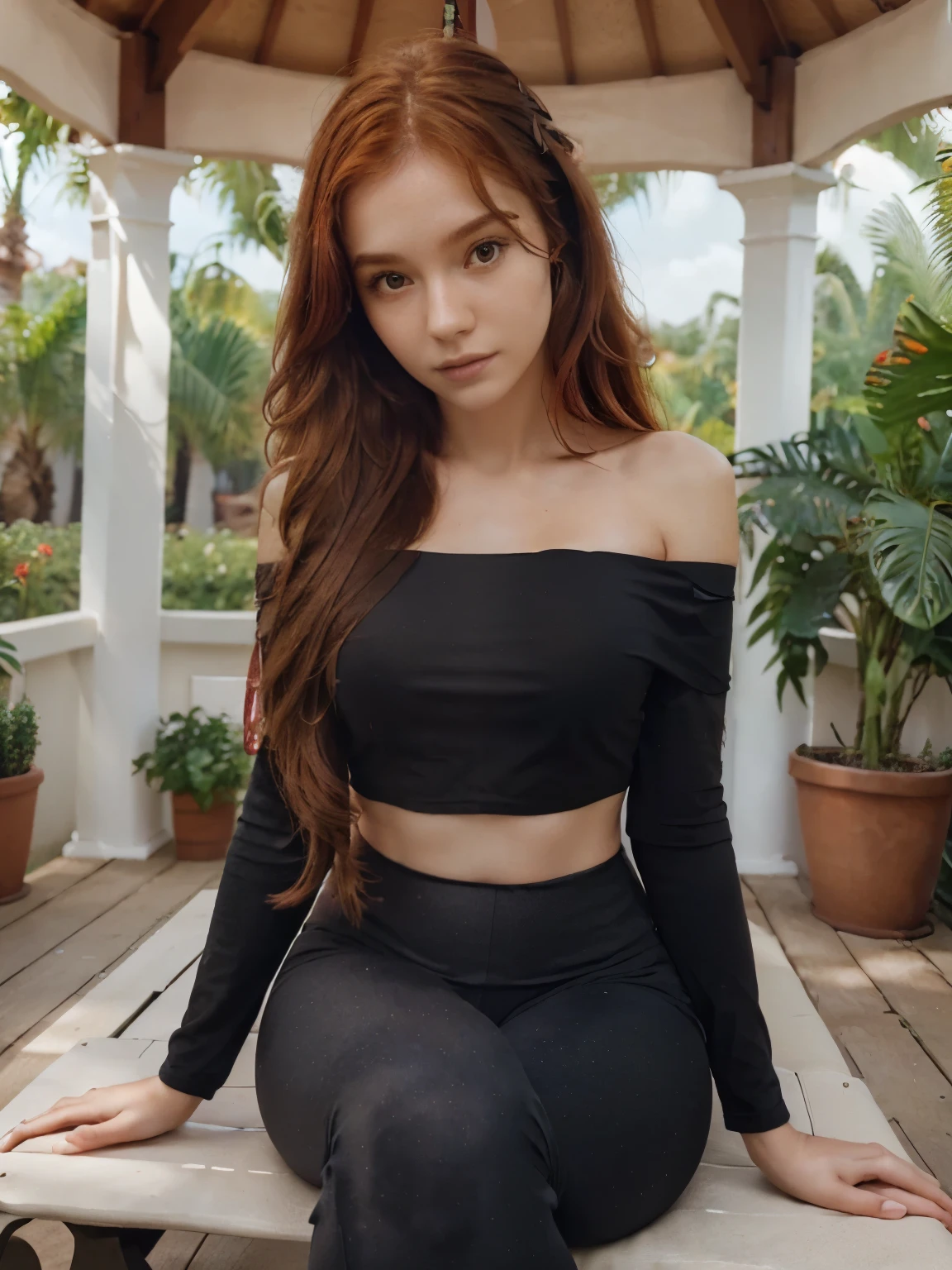 girl 20 years old,chest 4th disassemble,with long red wavy hair sitting on a bench, wear a loose black off-the-shoulder top , leggings, in the gazebo, soft lighting, Plants in the background, sunlight,relaxed posture, realistic, complex parts, warm colors,