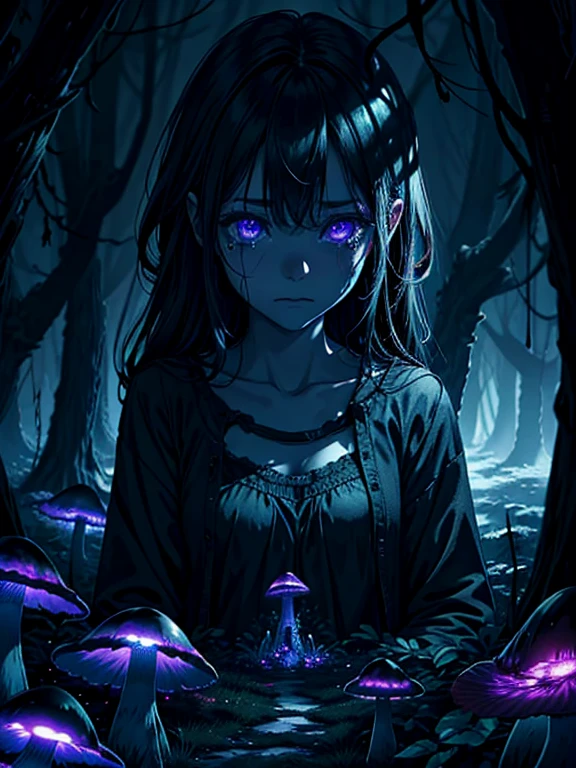 [by Junji Ito], dark horrorscape, [detailed shadows], [veins], (bioluminescent mushroom forest), 1girl, gigantic cosmic eyes, streaming tears, spiraling fungus, HDR