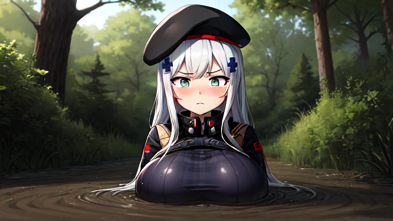 HK416, vibrant colors, masterpiece, best quality, ultra-detailed, highres, 8k, 416face, cinematic lighting, solo, detailed eyes, beret, long sleeves, plaid, german flag, huge breasts, curvy, jitome, narrowed eyes, frown, blush, arms behind back, partially_submerged, in mud, flooding up to the chest, upper body, 