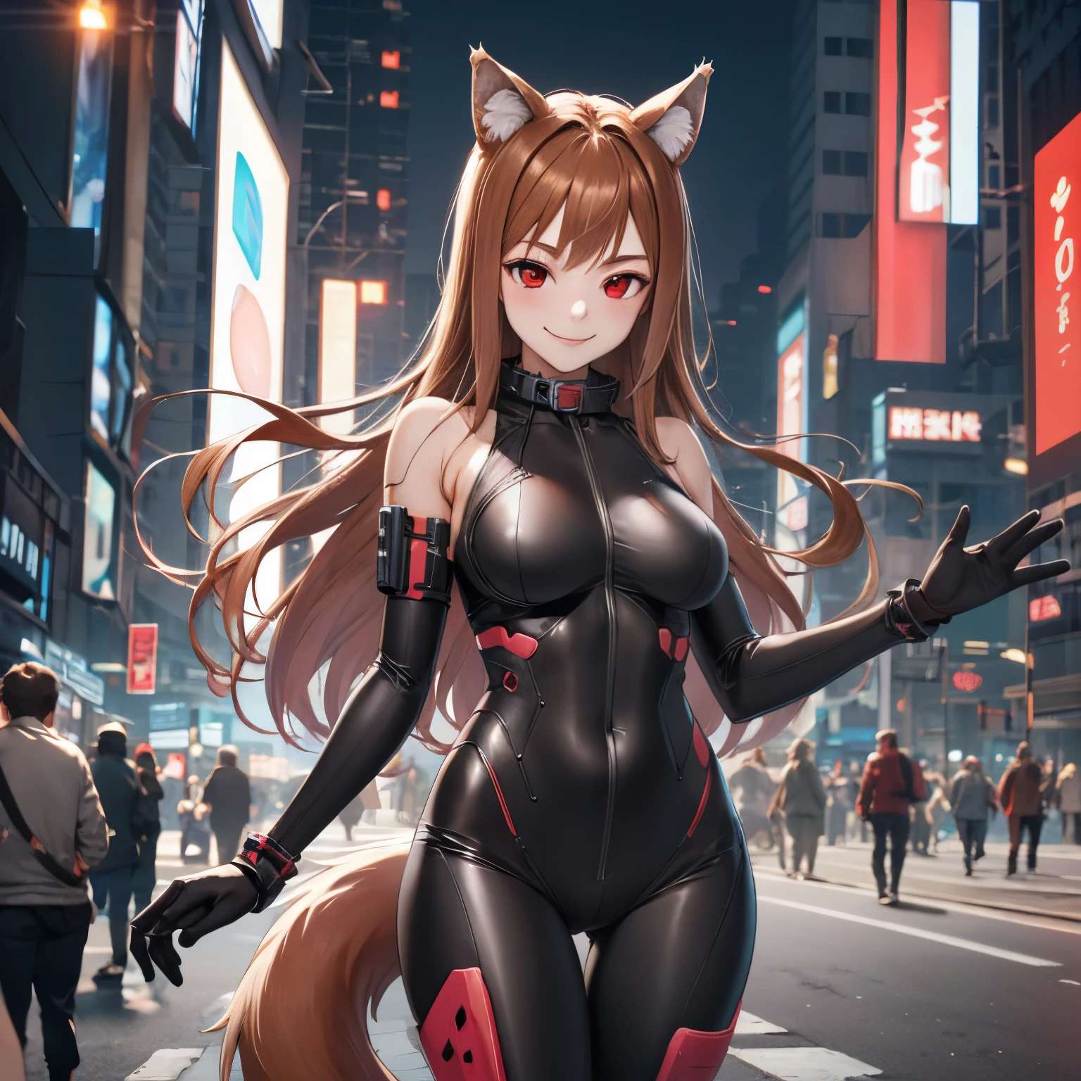 masterpiece, Best Quality, High resolution, 1 girl, by the wide, Brown hair, animal ears, Red eyes, wolf tail, collar, body suit, gloves, smile, smile afectada, cyberpunk,