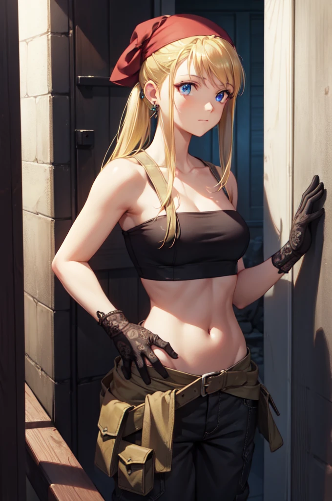 winryrockbell, winry rockbell, blue eyes, blonde hair, BREAK gloves, navel, bare shoulders, collarbone, earrings, midriff, pants, stomach, bare arms, strapless, bandana, bandeau, tube top, grey gloves, BREAK indoors, BREAK looking at viewer, BREAK (masterpiece:1.2), best quality, high resolution, unity 8k wallpaper, (illustration:0.8), (beautiful detailed eyes:1.6), extremely detailed face, perfect lighting, extremely detailed CG, (perfect hands, perfect anatomy),