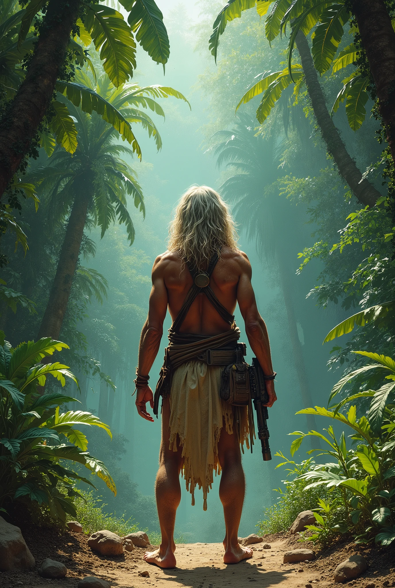 A highly realistic panoramic image of the sunlight of Tarzan and his blonde Jane, seminu vestido com uma tanga de homem primitivo, both standing in the water next to a waterfall half surrounded by jungle trees in 10000 BC.C., Fotografia HD, ultra-realistic, Rei Tut, 4k, hyper-realistic, Crisp texture, cor
