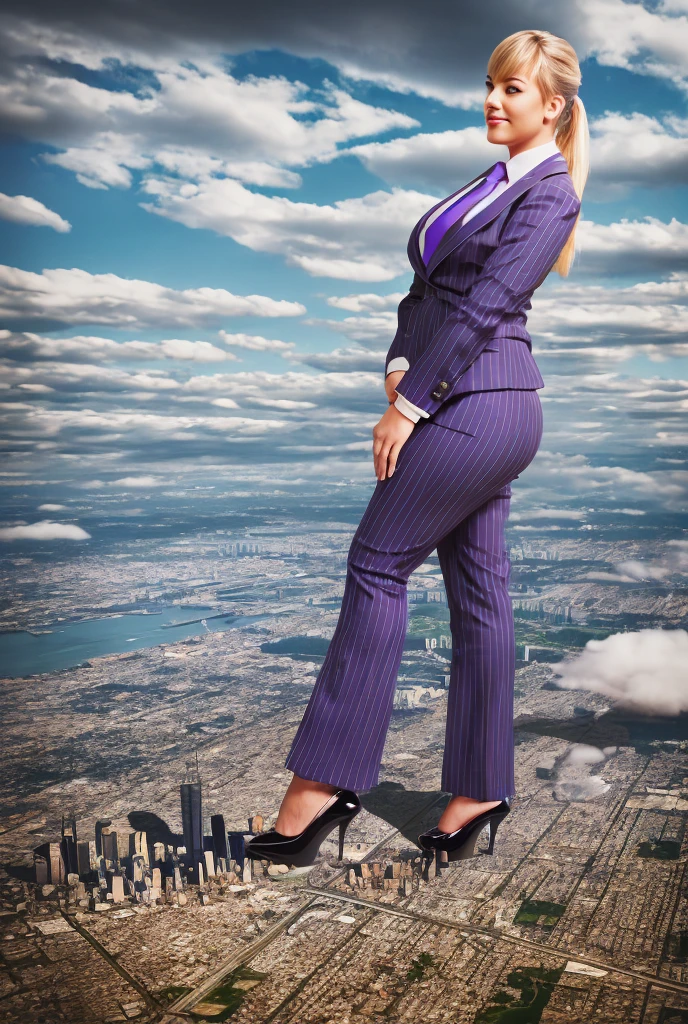 A growing Young adult bbw women beautiful curves a massive thighs blonde hair in a ponytail lipstick wearing a perfect perfect tailored grey pinstriped trouser suit and blazer, crisp white shirt and large broad purple windsor knot tie,colossal breasts. Platform high heels , standing, giantess art, tie clip, highly detailed giantess shots, giantess, most detailed, perfect face, Two legs, Five fingers, short hair, A girl who is bigger than a skyscraper, standing on very small city new york, skyscarpers at their feet, skyscrapers small, smile, huge breasts, major metropolis, numerous cities, , A very small big city, Miniature metropolis, Full body description, GTS, giga giantess, gigagts, stomping city, crash city, tiny city, micro city, , High resolution, highest quality, masterpiece,  tiny destroyed skyscrapers city, smoke and fire from destroyed buildings, illustration, skyscrapers size of small toys standing behind and very far away from city, (masterpiece, best quality, best shadows, best shading, perfect hands, perfect face, cinematic lighting, colorful, ultra-detailed, beautiful photography, character focus, extremely-detailed, photorealistic, hyper photorealism, atmospheric), ), (giantess, stereotypical office boss), (, clean, tidy, happy), ((walking, mid stride:1.2, stepping down on:1.2, stomping, crush, rampage)), (black patent Louboutin rounded toe pumps, high heels, platform heels), ((,)), ((long ponytail hair with front bangs)), (high altitude photography, looking up from the streets view), (curvy, , heaving bosom, legs), (mega city, urban sprawl, and small towns, buildings, roads), (((cloudy, overcast, clouds and atmosphere partly obscuring the subject:1.2, hazy atmosphere, haze in foreground, wispy clouds))) footprints warzone view looking up from ground level. 