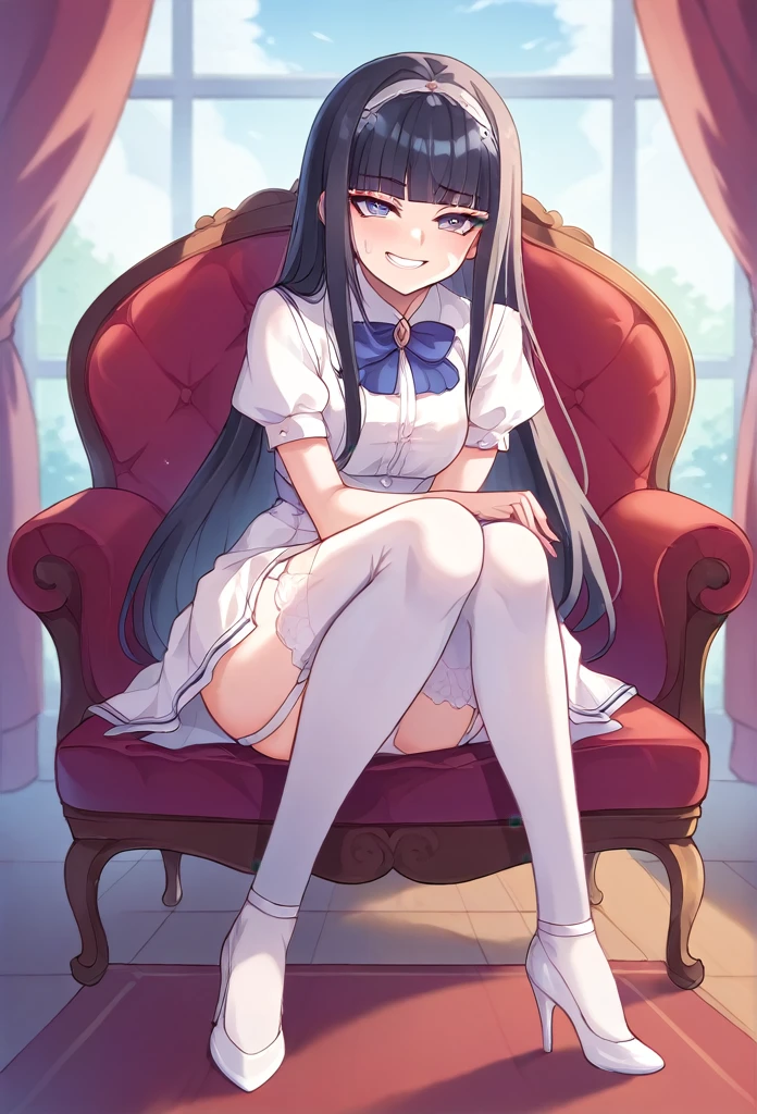 NSFW, ,best quality,cute girl, (Light blue hair Half black hair,, ,High heel pumps, Wear a red mini dress,, ,White garter straps, White thighhighs,Sit in a luxurious chair in a luxurious room in a castle , seductive grin smug, White panties,hime cut, 