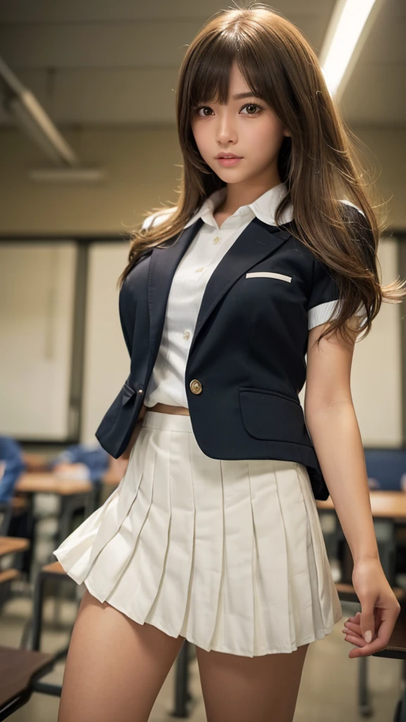 Product quality,1 girl,(Shooting from below:1.4),(Thigh Emphasis:1.4),Young and pretty girl in Japan,Daytime, (High school classroom:1.2),(Short sleeve shirt:1.3),(Schoolgirl uniform:1.3),(blazer:1.3), (Ultra mini pleated skirt in white:1.5),(Skirt Lift,No pants:1.6),Very cute face,Glossy Lips,Beautiful big eyes,Brown eyes,Double eyelids on both eyes,(Natural Makeup),shiny smooth light brown long hair,,,,Asymmetrical bangs,Floating Hair NovaFrog Style,Center image,8k resolution,Attention to detail,Detailed hairstyle,Detailed face,Cinema Lighting,Octane Rendering,Ultra-realistic,Perfect limbs,Beautiful feet,Voluptuous thighs,Huge breasts,Perfect Anatomy,Spread your legs,(Provocative dynamic pose:1.3)