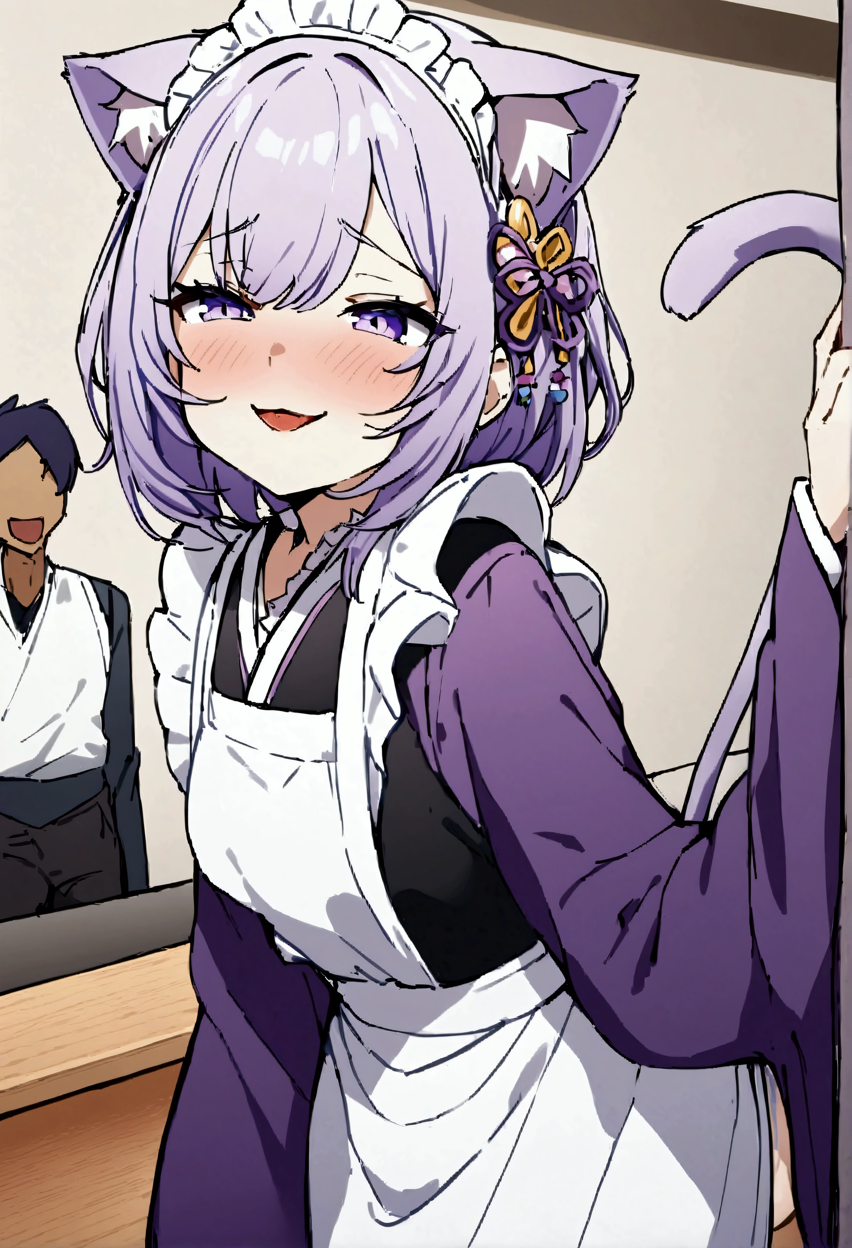 NSFW,masterpiece,Highest quality,High resolution,Very detailed,Cat porridge\(Ho****ve\),Purple Hair,Cat ear,tail,Purple Eyes,kimono、kimono、White apron、紫色のkimono、Hair accessories、Long sleeve、maid、和maid、Sleeve length up to the wrist、Frilled Apron、Purple sleeves,(Ecstasy face),Bad Smile,Seduce,Lustful face,I feel,Coffee shop,counter,Chest rubbed by a man from behind