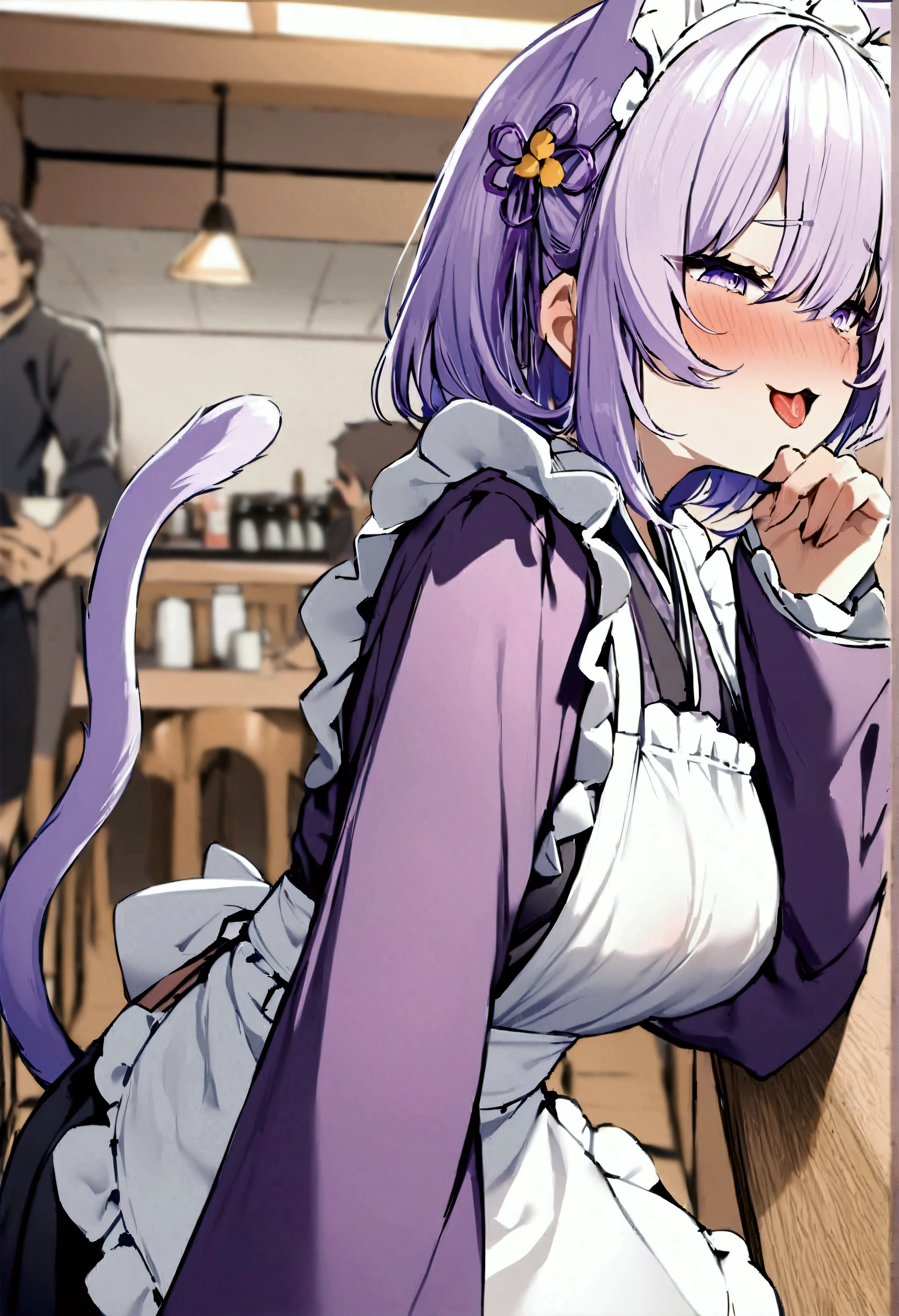 NSFW,masterpiece,Highest quality,High resolution,Very detailed,Cat porridge\(Hololive\),Purple Hair,Cat ear,tail,Purple Eyes,kimono、kimono、White apron、紫色のkimono、Hair accessories、Long sleeve、maid、和maid、Sleeve length up to the wrist、Frilled Apron、Purple sleeves,(Ecstasy face),Bad Smile,Seduce,Lustful face,I feel,Coffee shop,counter,Chest rubbed by a man from behind