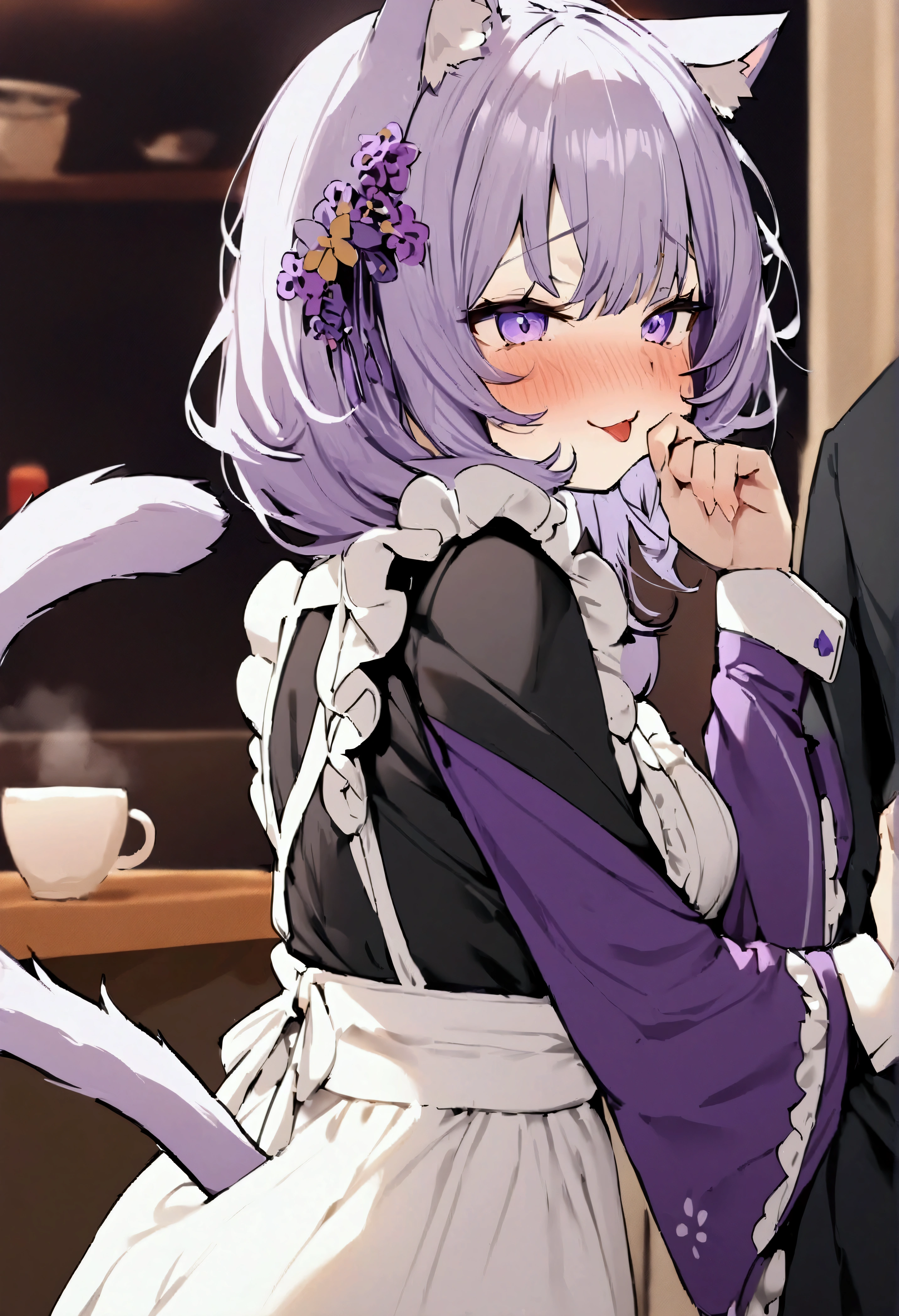 NSFW,masterpiece,Highest quality,High resolution,Very detailed,Cat porridge\(Ho****ve\),Purple Hair,Cat ear,tail,Purple Eyes,kimono、kimono、White apron、紫色のkimono、Hair accessories、Long sleeve、maid、和maid、Sleeve length up to the wrist、Frilled Apron、Purple sleeves,(Ecstasy face),Bad Smile,Seduce,Lustful face,I feel,Coffee shop,counter,Chest rubbed by a man from behind