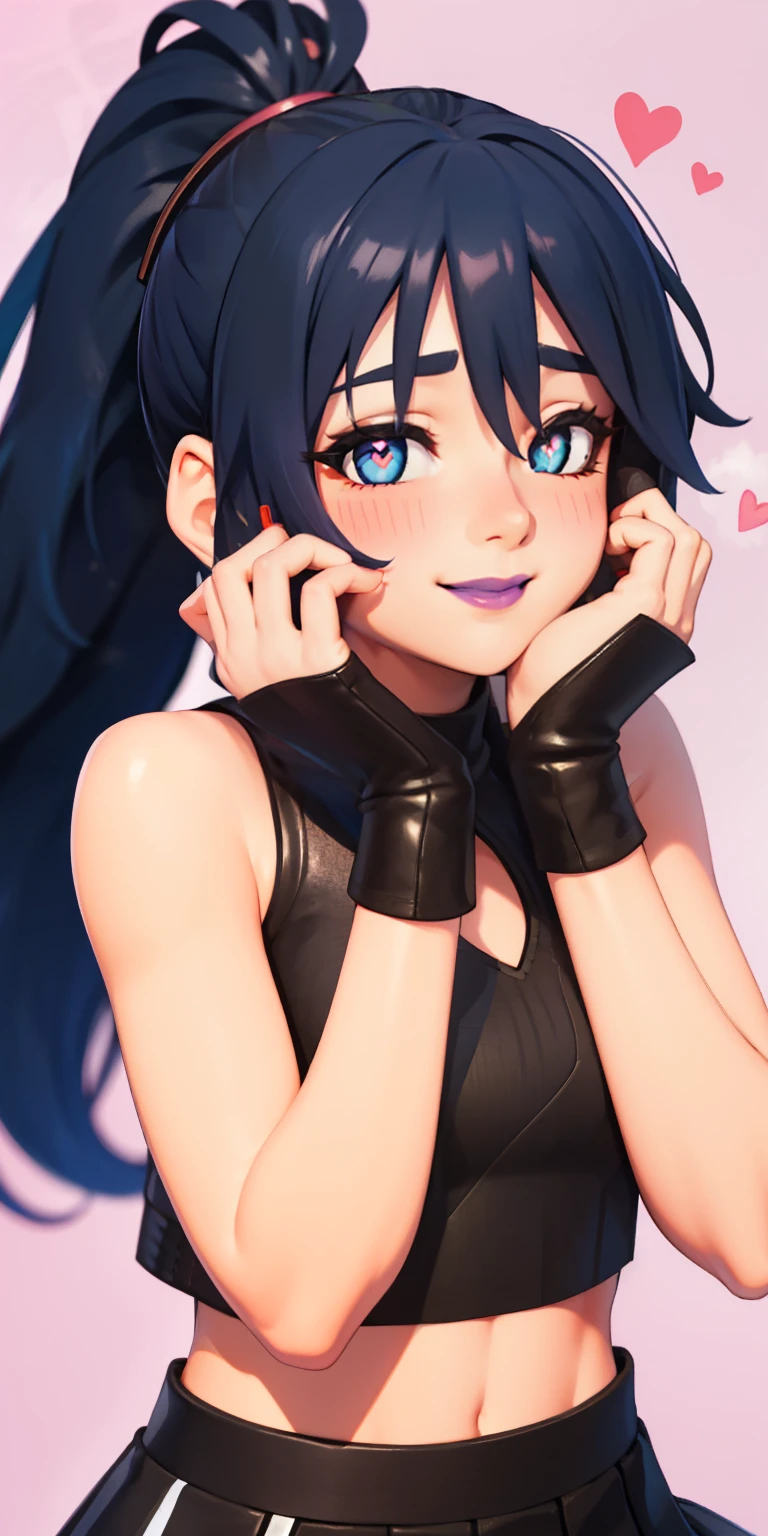 Heart-shaped_pupils, 1girl,blue hair, ponytail, blue eyes, eyeshadow, (blush:1.1),upper body,trembling, heart,(speed lines:1.1), ((heavy breathing:1.3)), love, heart, black crop top, sleeveless, Sleeveless shirt, black skirt, pleated skirt, cheerleader, purple lips, smile, looking at viewer, facing viewer, ((hands on own face1:1))