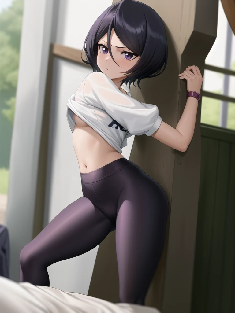 score_9, score_8_up, score_7_up, score_6_up, h1m3n0, 1girl, , mature female, Maki Zenin , green ponytail bang hair, glasses, yellow eyes, dark blue tight jujutsu uniform with tight skirt and black tights, perfect model body, naughty smile, balcony, bend over railing in seductive pose, showing her ass, looking back, from behind