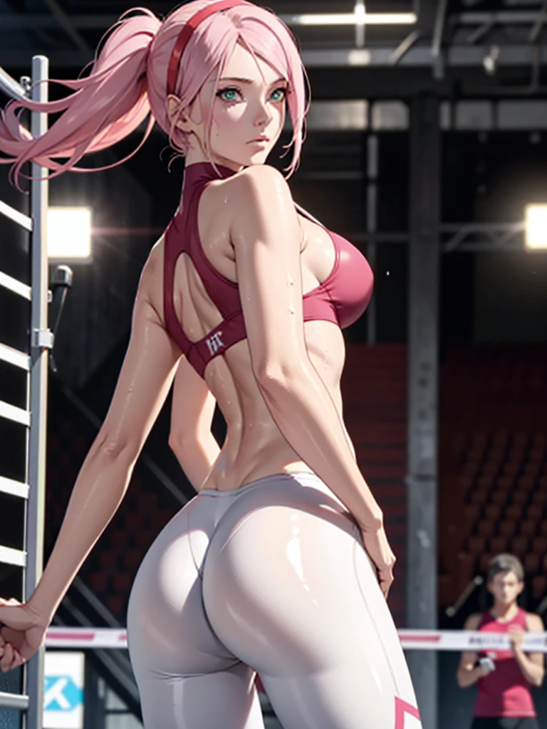 (perfect anatomy), (sports body), (big breastes), (thick-thighs), (perfect arms), (tracksuit ), Pointed bracelets, looking a viewer, (Medium full-frame photography), (Background of the battle arena), (pink dreadlocks)