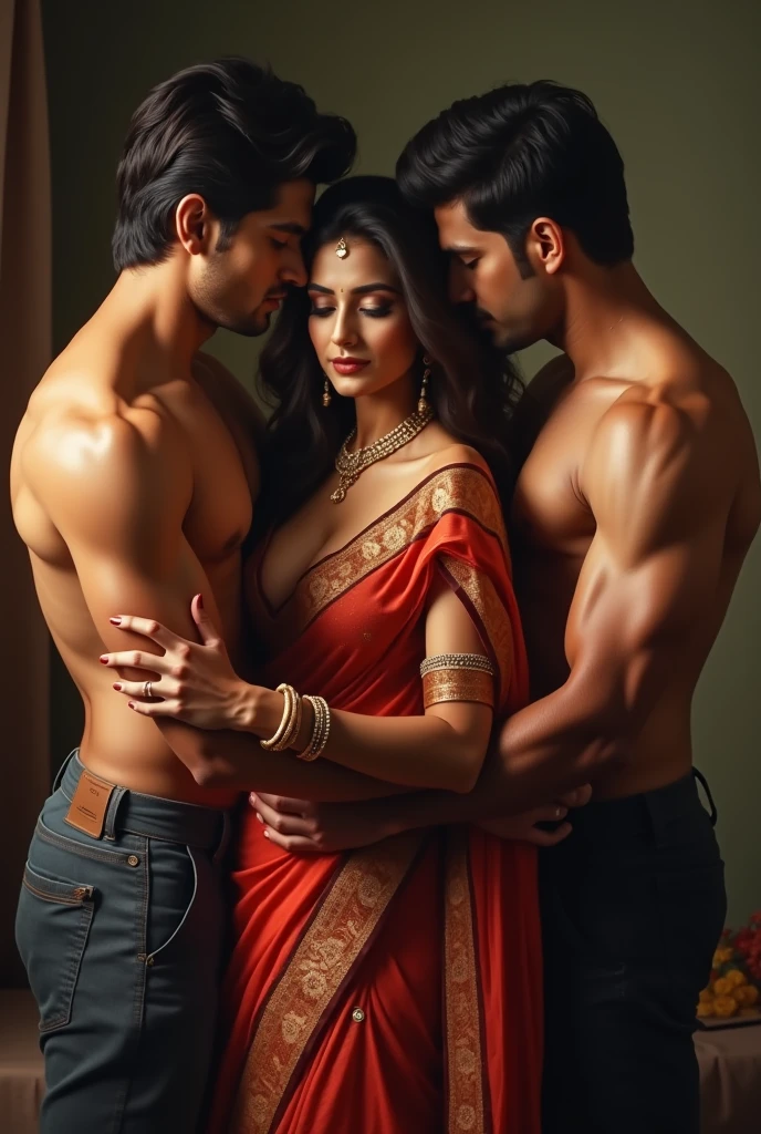 ((best quality)), ((masterpiece)), (detailed), perfect face romance doing couple, woman wearing sexy indian saree and man wearing underwear, man kissing and pressing boobs