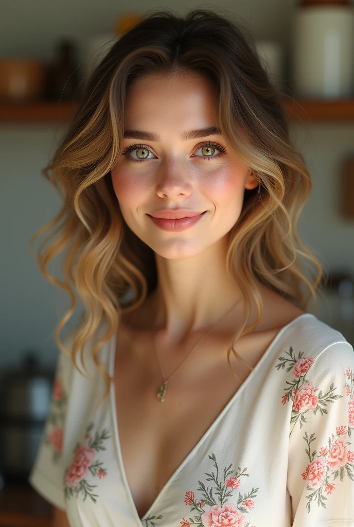 photo de pose de tout le corps, cheveux waivy, un peu comme Monica Bellucci, sourire, Chignon, portant une robe midi brodée Zinnia, décolleté profond, gros seins, vue complète du corps, ses seins sont grands et beaux, yeux bleu, lèvre pulpeuse, vu sur tout le corp 
