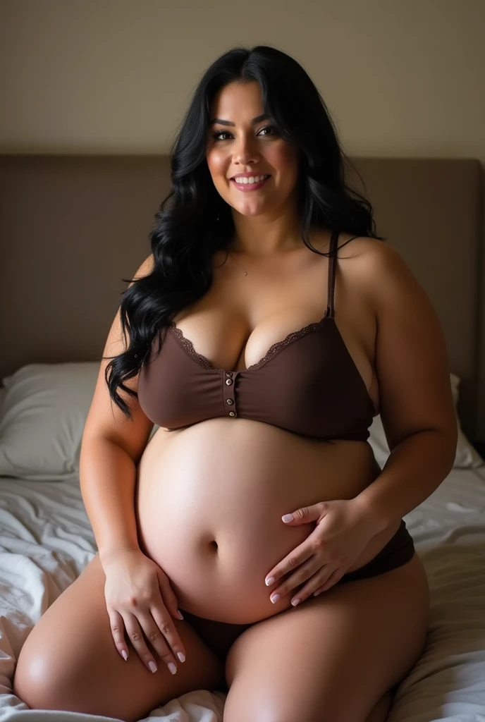 A close-up photo from behind of the most beautiful fat and extremely chubby girl, her body is huge and gigantic, She is white, Her hips and thighs are wide and large, She turns around and smiles, her clothes are tight... her face is enchanting and extremely beautiful, Words cannot describe its beauty, She is in the bedroom