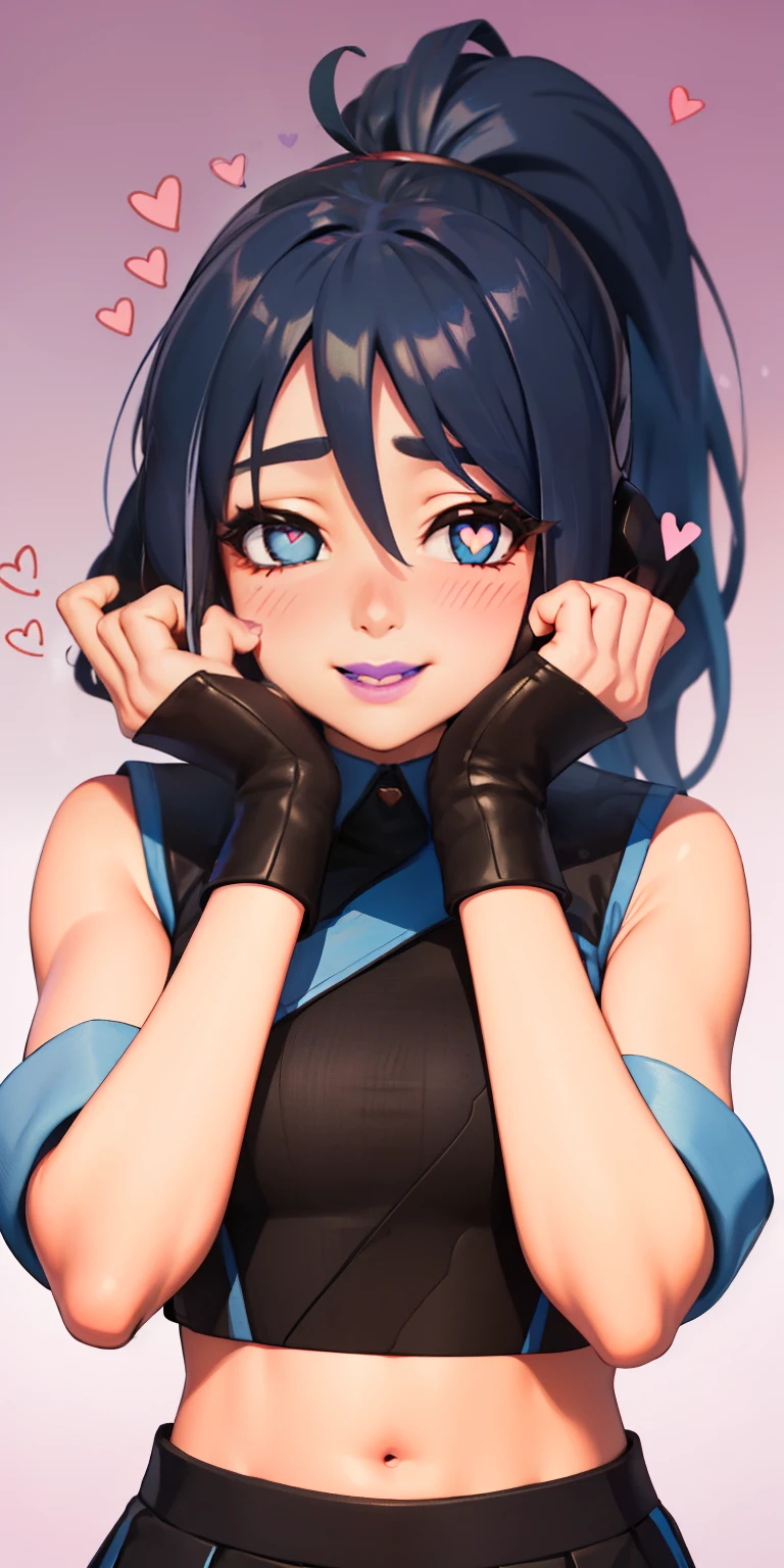 Heart-shaped_pupils, 1girl,blue hair, ponytail, blue eyes, eyeshadow, (blush:1.1),upper body,trembling, heart,(speed lines:1.1), ((heavy breathing:1.3)), love, heart, black crop top, sleeveless, Sleeveless shirt, black skirt, pleated skirt, cheerleader, purple lips, smile, looking at viewer, facing viewer, ((hands on own face1:1))