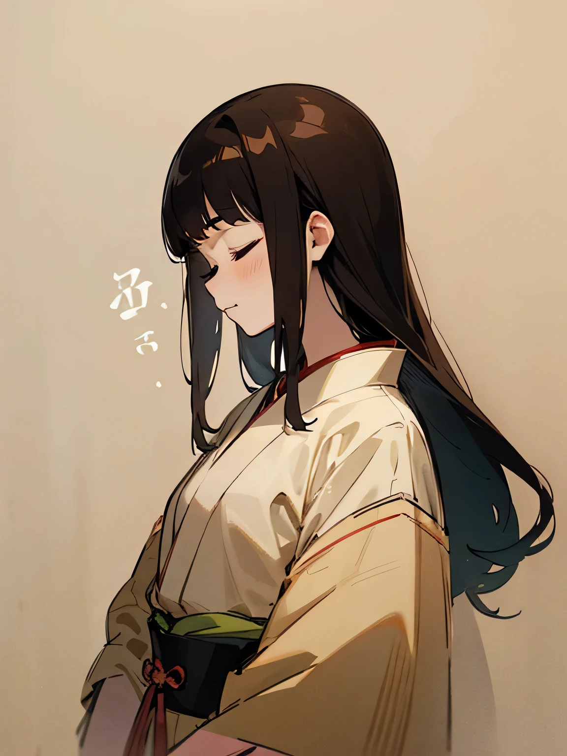 sideview,solo,upperbody,brown thin long hair, (blunt bangs),,cute face,Heian period attire, traditional Japanese setting, ancient noble family,closed eyes praying, (manga style),(sketch),(illustration),
