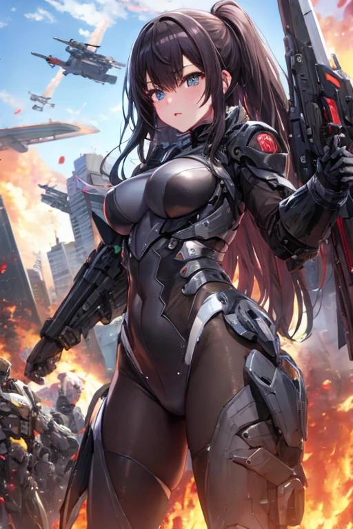 1girl, solo, brown hair, long hair, curly hair, ponytail, large breasts, bikini armor, metal suit, robotic, blue eyes, cleavage 1:3, war, guns, tanks, fire, explosion, aircraft, smile, looking at the viewer, hand on hip, standng, hair ribbon
