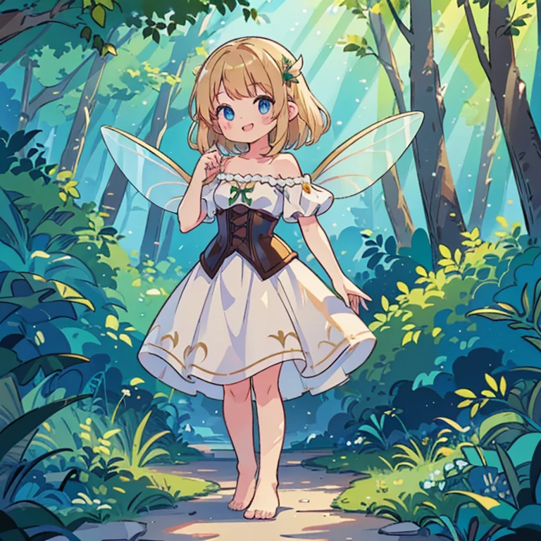 ((Masterpiece, superlative, best quality)) (1 girl, smiling, fantasy, full body, (1 girl, 5'3", small, 125 pounds, 23-years-old, simple short white dress, off the shoulder, wench dress, dark green corset, barefoot, leather arm guards, long light brownish-blonde hair, small fairy wings on her back, blue eyes, on a path in a forest