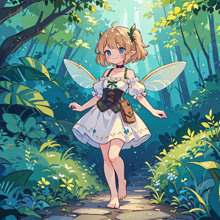 ((Masterpiece, superlative, best quality)) (1 girl, smiling, fantasy, full body, (1 girl, 5'3", small, 125 pounds, 23-years-old, simple short white dress, off the shoulder, wench dress, dark green corset, barefoot, leather arm guards, long light brownish-blonde hair, small fairy wings on her back, blue eyes, on a path in a forest