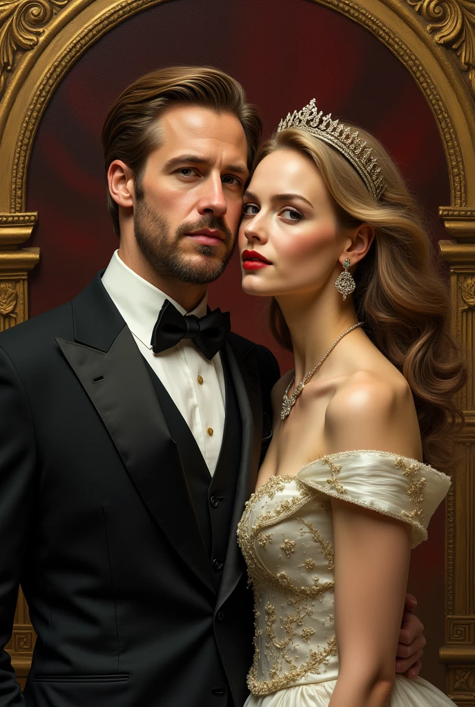 Scarlett Johansson e Chris Evans, vestidos com trajes reais deslumbrantes, depict royalty in a magnificent scene. Their clothes display a perfect combination of elegance and sophistication., while their expressions reflect the majesty of a regal couple. This is the ideal setting for SeaArt to capture the timeless beauty of royalty in a unique work of art. 8k, Scarlett rosto realista, chris rosto realista