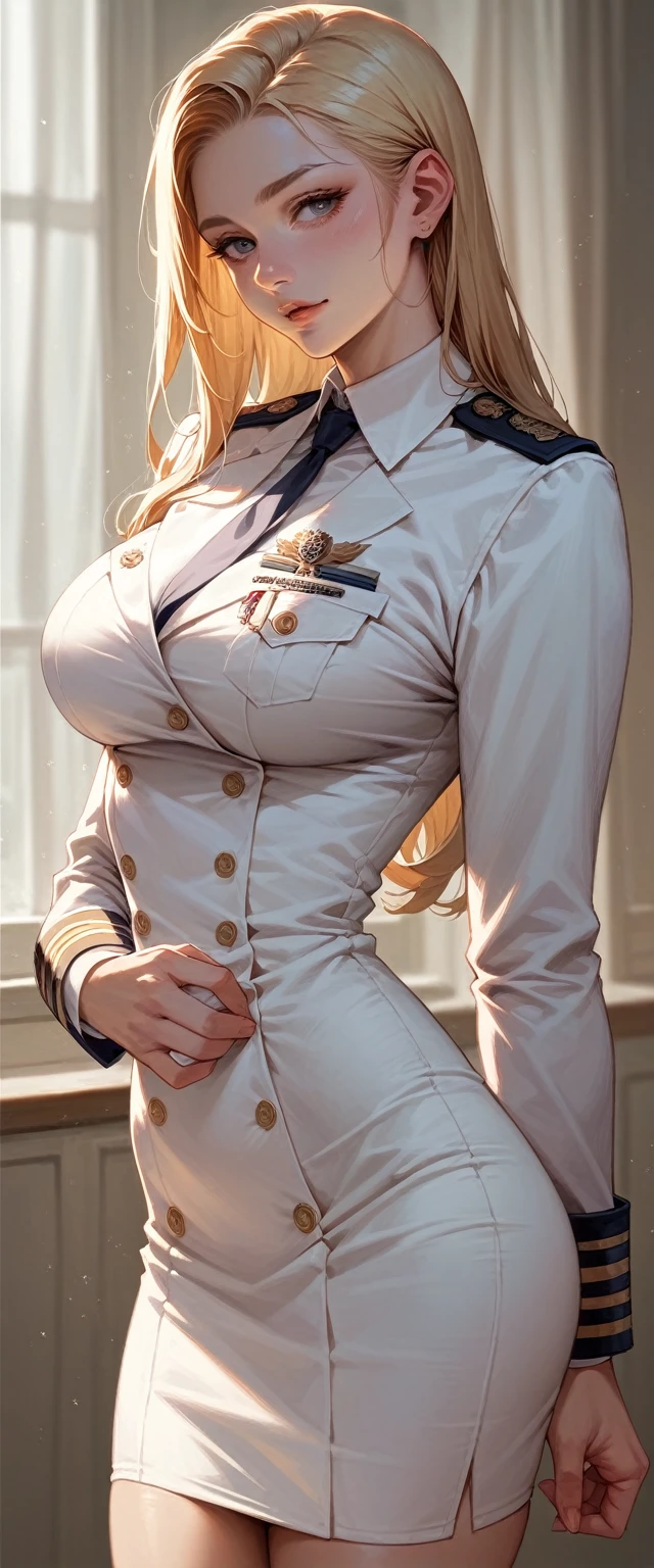 A sexy blonde girl with a voluptuous body wearing a new short naval dress uniform, It&#39;s too sexy and sensual, It has white lingerie with gold, It is for the exclusive use of your wife, a dress with a half-nipple neckline, low-cut back and only covers half of the ass and fishnet stockings that say armi and sexy high-heeled sandals 35 cm high with bows and shiny gold reflective sexy sensual uniform in the neckline has naval flag pants, sexy girl full body white sexy high heel sandals with high white stockings slutty tight dress with neckline that shows the nipple with some snow white stiletto heels and sexy with golden Versace fishnet stockings with shiny reflective golden details like mirrors too daring and sensual tanguita ligero lencería sexy transparente ligero diosa azteca realista HD sexy xxx porno acostada escote pezón medías de red xxx ligero baby dool bandera naval xxx nsfw vista aerea camarote lujoso y tecnologíco jugué sexual