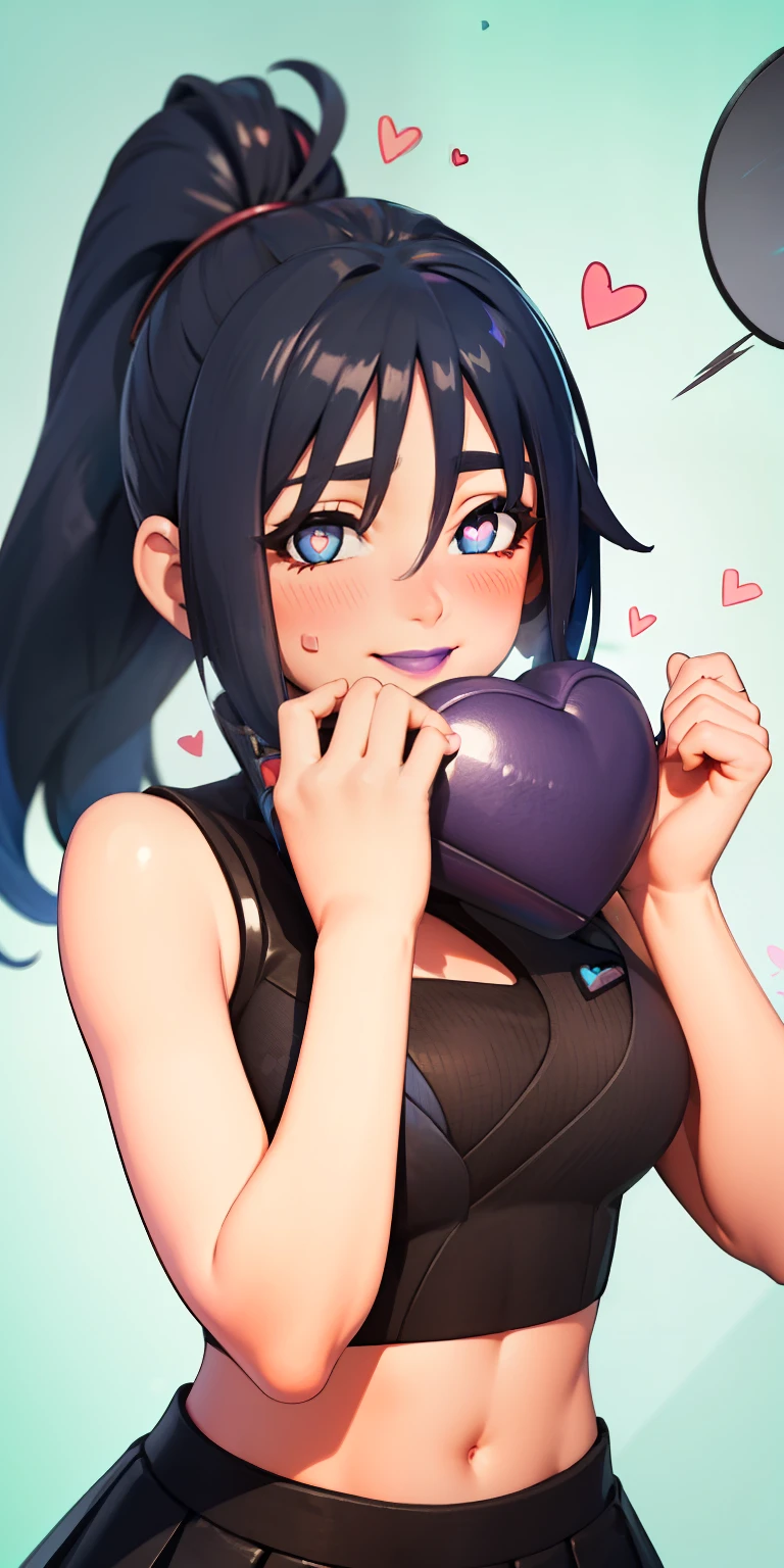 Heart-shaped_pupils, 1girl,blue hair, ponytail, blue eyes, eyeshadow, (blush:1.1),upper body,trembling, heart,(speed lines:1.1), ((heavy breathing:1.3)), love, heart, black crop top, sleeveless, Sleeveless shirt, black skirt, pleated skirt, cheerleader, purple lips, smile, looking at viewer, facing viewer,