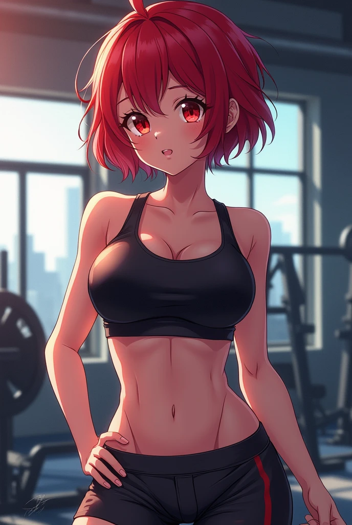 Girl, short red hair, beautiful red eyes, big breasts, tank top, exposed stomach, short skirt, 