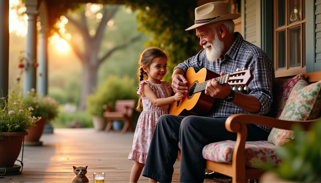 a man around 40 playing guitar while her daughter is dancing