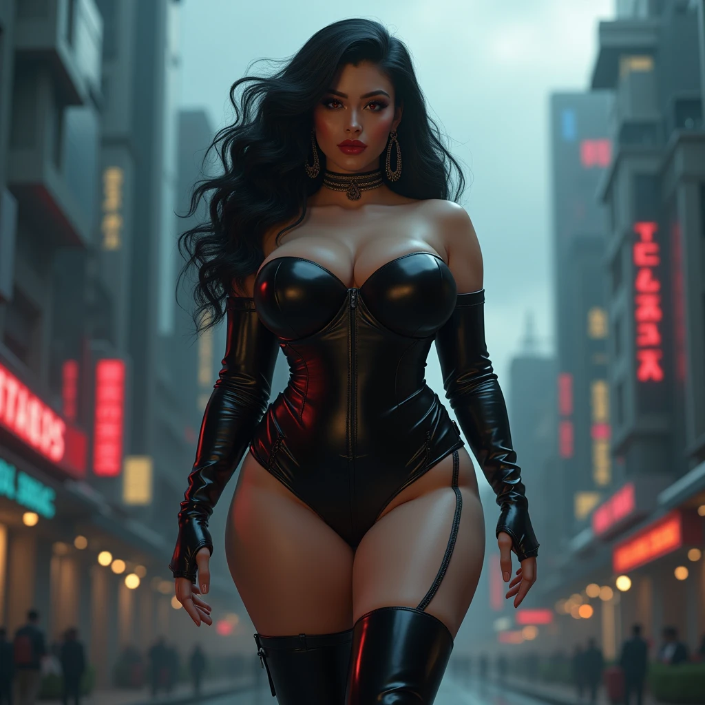 Hyperrealistic version of a woman giant. A giant woman in a bikini lying on top of a cyberpunk city, Little guys running around the giant girl, Standing on her hand, cgsociety 9, 2. 5 d cgi fantasy art, engine rendering unreal + a goddess, full body cgsociety, artgerm ; Hyper realistic 3d content, giant art, super detailed 3d matte paintings, super detailed 3d matte paintings, realistic fantasy art, realistic 3 d anime style. Beautiful girl. Big thighs."The little people stood on the top of a high-rise building waving to the girl".Wear short skirts.
