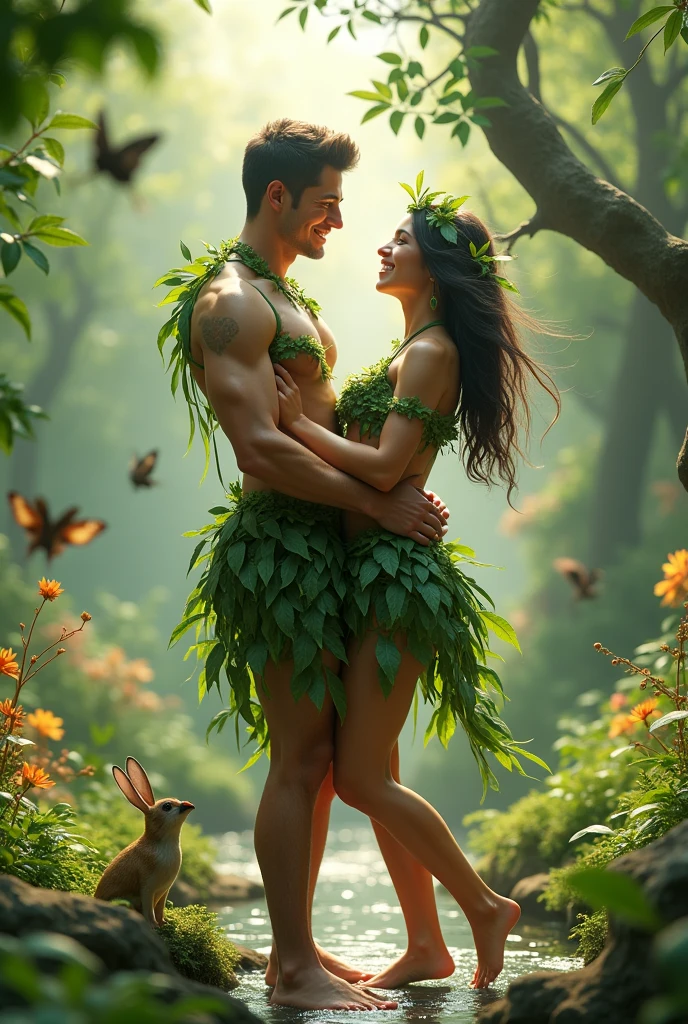 Adam taking Eve's fruit, they are both naked in a garden full of trees