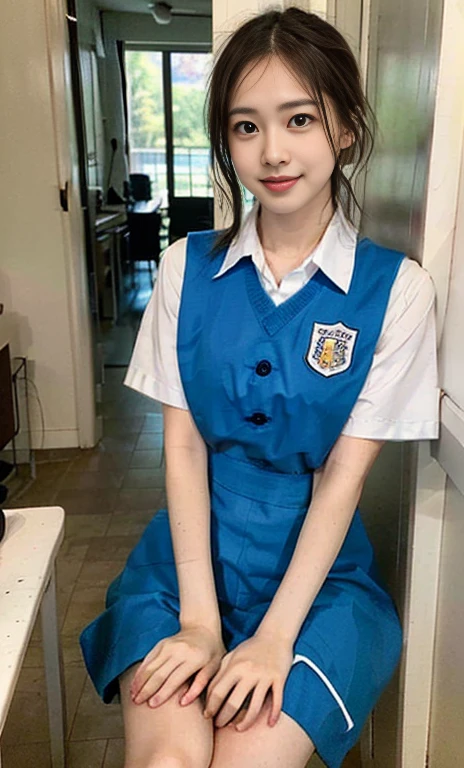 (A stunning chinese lady at night, kitchen, wearing a white short-sleeve button shirt, blue jumper suit, school uniform, plaid tie, plaid hair scarf, youthful charms, smooth complexion, beautiful detailed face, beautiful detailed eyes and lips, long eyelashes, slender figure, perfect body proportion, friendly expression, cute dimples, kind smile, short hair, side ponytail, a confident & poised demeanor, sitting with legs opened, tied up tightly, blue uniform, msc, bwc, schoollogo,

 blurred background, bokeh effect, (best quality,4k,8k,highres,masterpiece:1.2),ultra-detailed,(realistic,photorealistic,photo-realistic:1.37),HDR,UHD,studio lighting,ultra-fine painting,sharp focus,physically-based rendering,extreme detail description,professional,vivid colors,bokeh,SFW,Safe for Work,cowboy shot,head to knee)