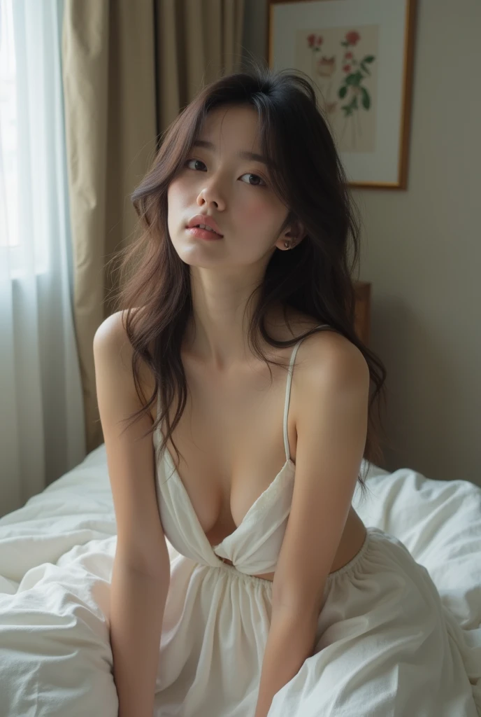 20-year-old Asian Woman Girl. - Style: realistic photo, Realistic. - Body Type: thick body, thick legs, thick tights, arms, and shoulders, thick ass. - Breast: (Small Breast:1.4), (Cleavage:1.3), (Nipple:1.4), (Sweating:1.2), Facial Feature: Beautiful, Gorgeous, Teenager, Fresh, Young. - Expression: Shy, Pink Blush on Face, Sexy Eyes, Sexy Look, Sexy Smile, (Sweating:1.4), Innocent Look, Tipsy. - Hairstyle: Blunt Bangs, Medium Straight Hair. Clothing: (Towel:1.6), (Off-Shoulder:1.3),. - Body Pose: (Kneel:1.3). - Behaviour: Waiting, Want Something, Secretly. - Accessories: Earrings, No Hair Accessories, Environmental Details:, - Setting: Bed Room., - Lighting: Natural Light., - Decoration: Modern Bed, Chair, Window, White Curtain, City View. Top view. pov, ultra-realistic photo, UHD, anatomically correct.