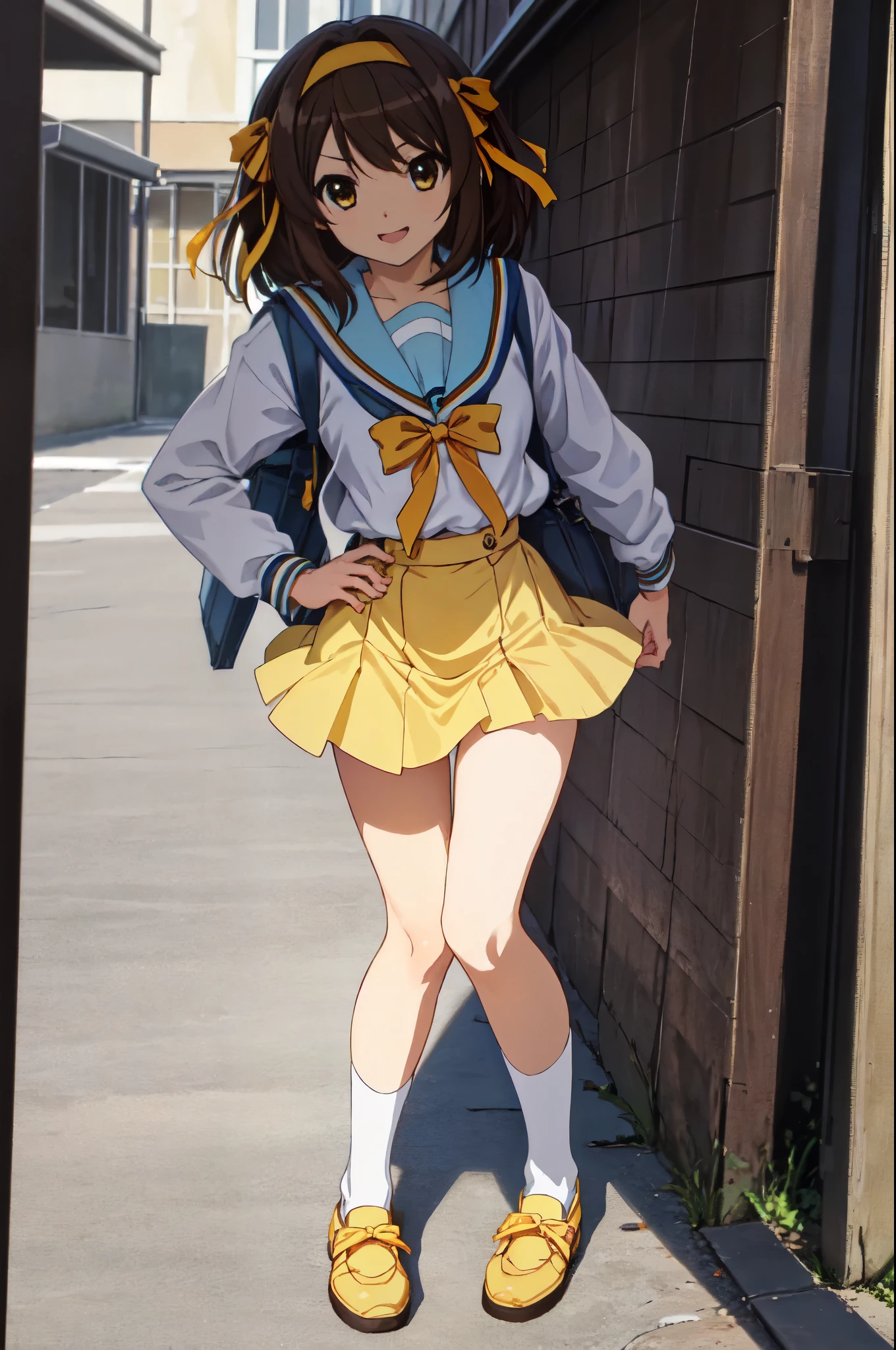 very detailed,highres,1 girl, solo,haruhi suzumiya, cowboy shot, school uniform, yellow hairband, full body, looking at viewer,