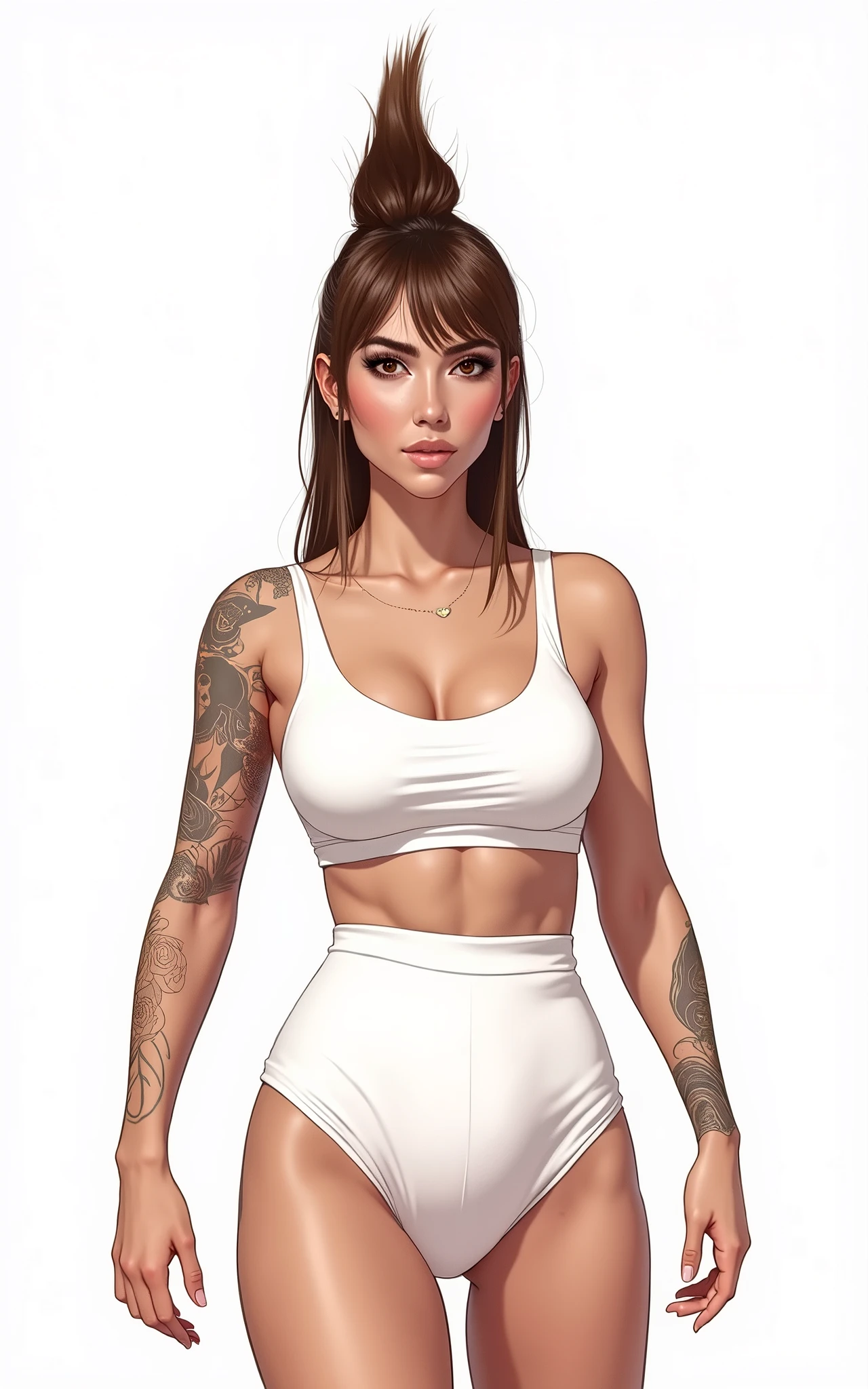 ((masterpiece)),(((best quality))),((character design sheet)),((rough sketch)),((NSFW, vulgar)),thick thighs,(masterpiece, best quality, hires, high resolution:1.2), (extremely detailed, realistic, intricate details, highres), 1girl, solo, blush, freckles, eyeliner, eyeshadow, eyelashes, wearing fishnets thighhighs, oversized t-shirt, and combat boots, (large breasts, thick thighs, wide hips