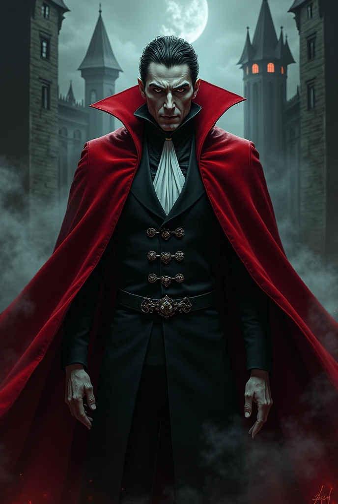 Blond Man Age 60 years old, with red eyes, evil face, 1720s A King in the case. Outfit with a red and black king's overcoat, a belt with a skull
